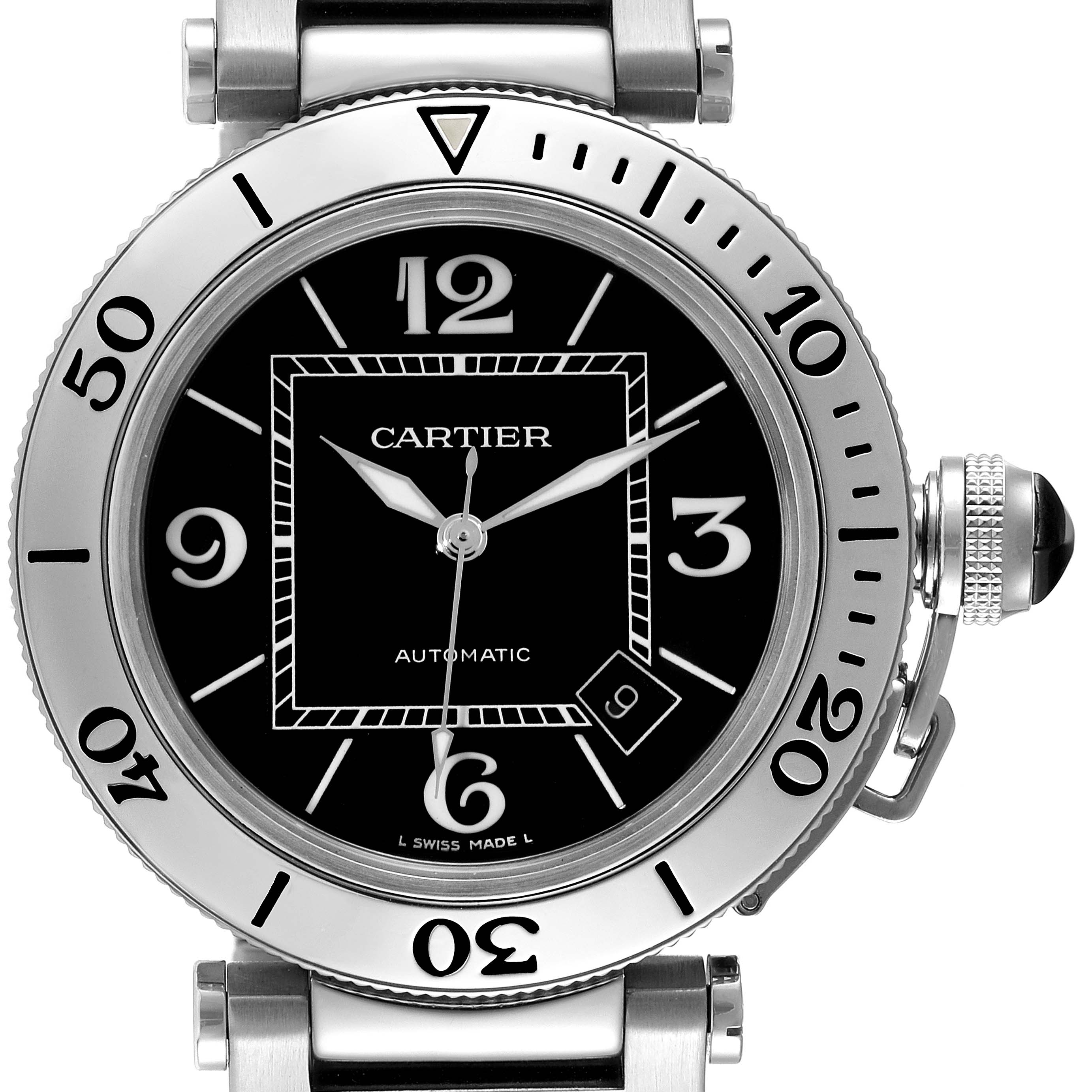 This image shows a close-up, front view of the Cartier Pasha 63058 Men
s Stainless Steel Black Dial 63058 Men
s Stainless Steel Black Dial watch, highlighting the dial, bezel, and crown.