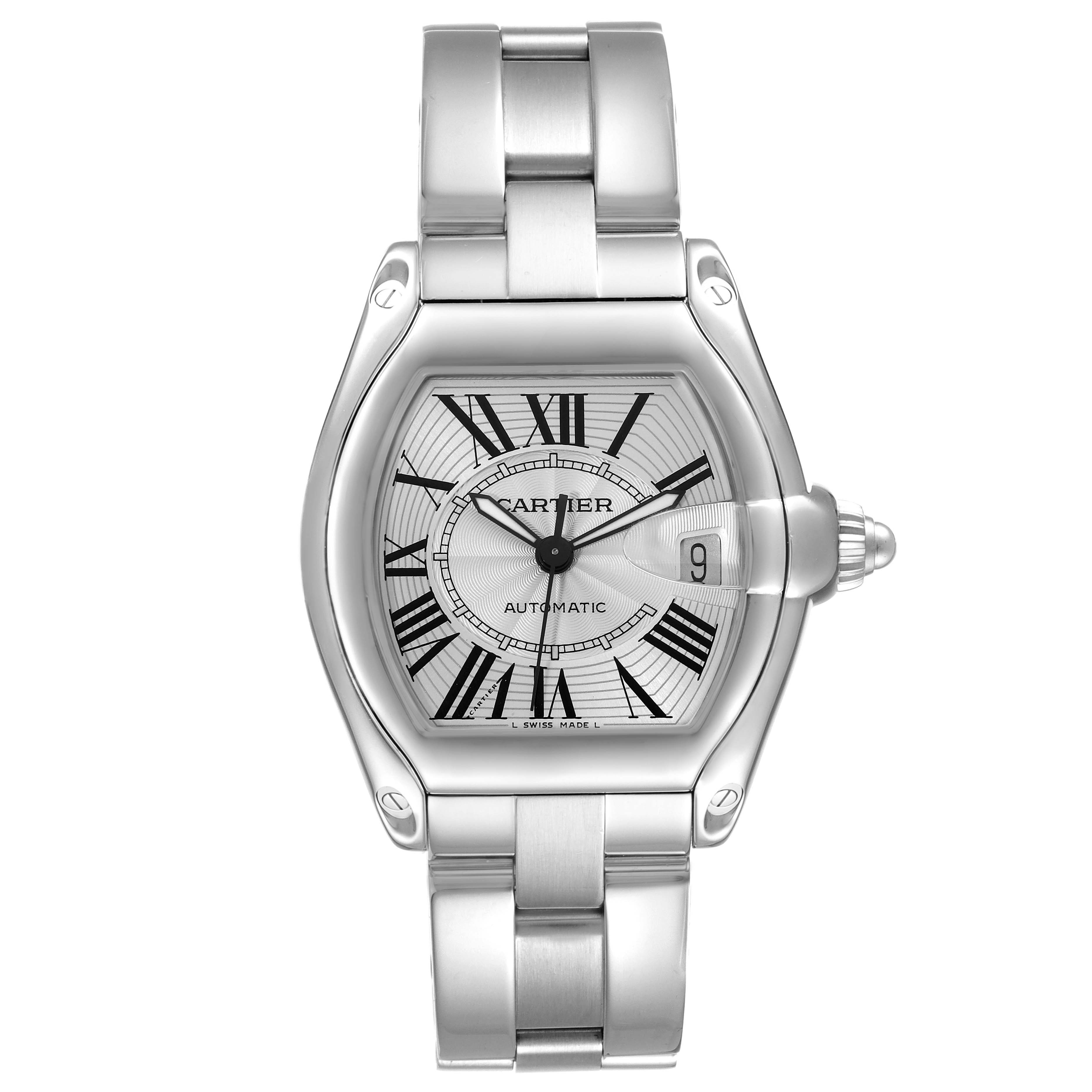This image shows a front view of the Cartier Roadster W62025V3 Men
s Stainless Steel Silver Dial W62025V3 Men
s Stainless Steel Silver Dial watch, displaying its face, dial, and bracelet.