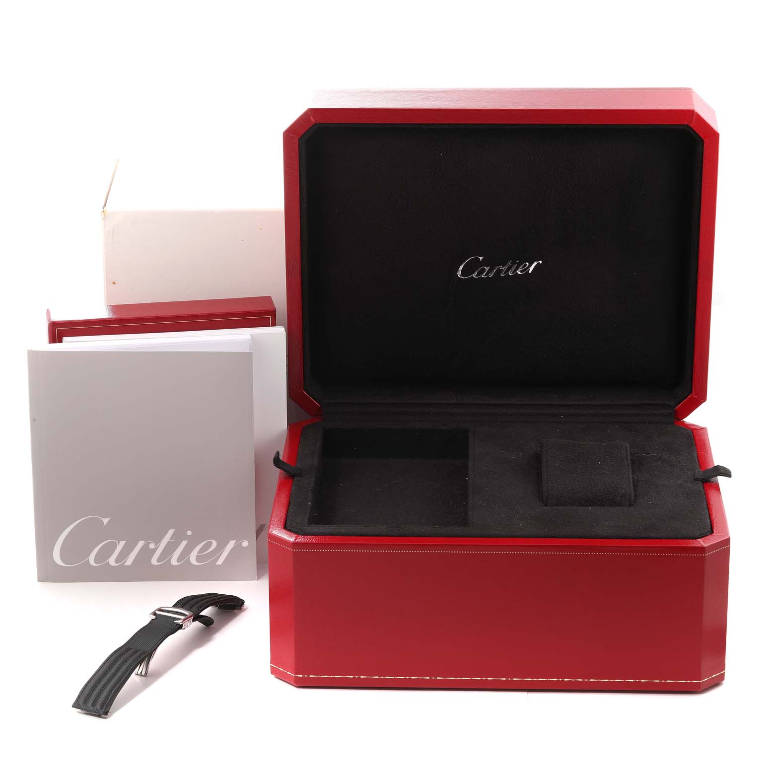 The image shows the box, manuals, and a strap for a Roadster model watch by Cartier.