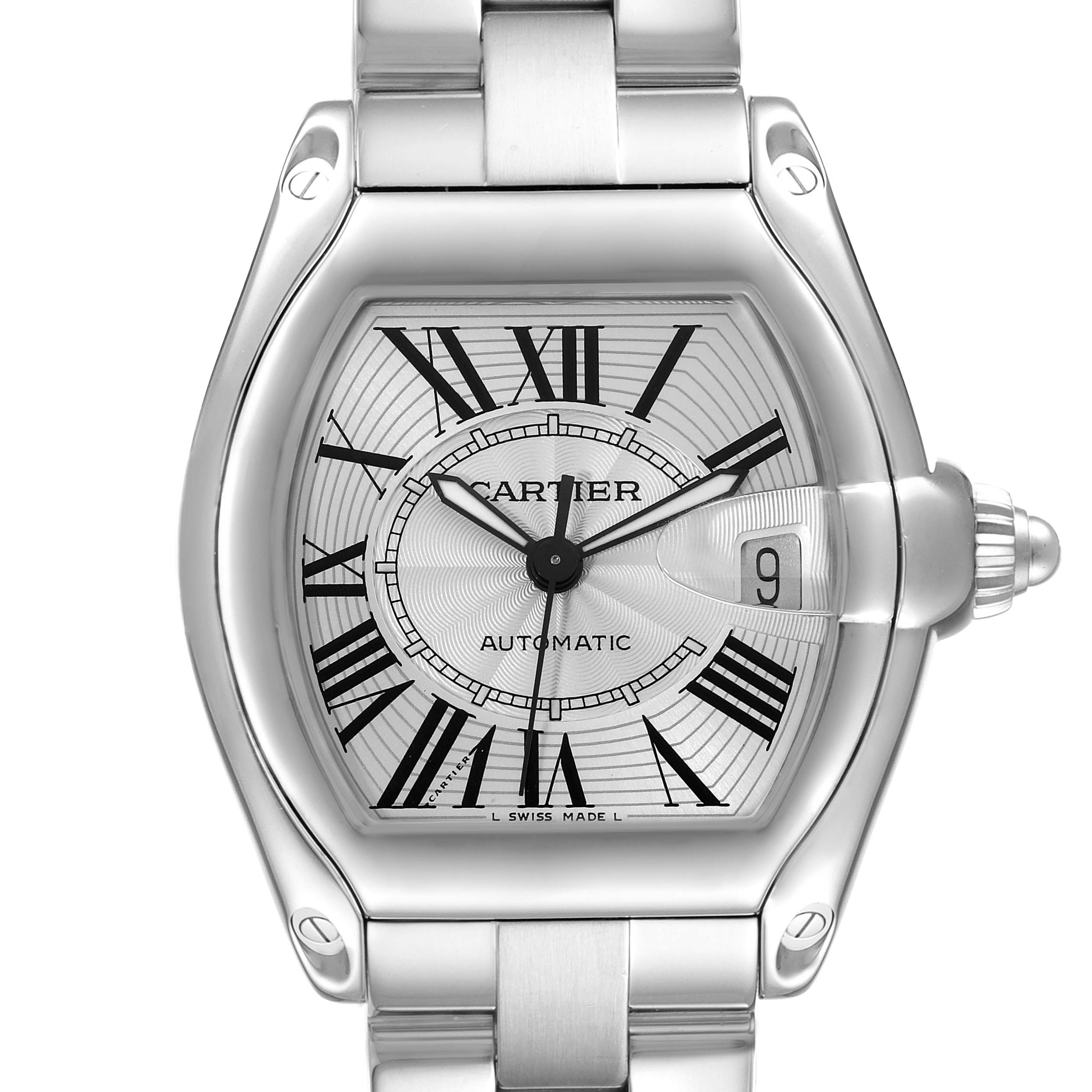 The image shows a Cartier Roadster W62025V3 Men
s Stainless Steel Silver Dial W62025V3 Men
s Stainless Steel Silver Dial watch from a front angle, highlighting its face, bezel, and part of the bracelet.