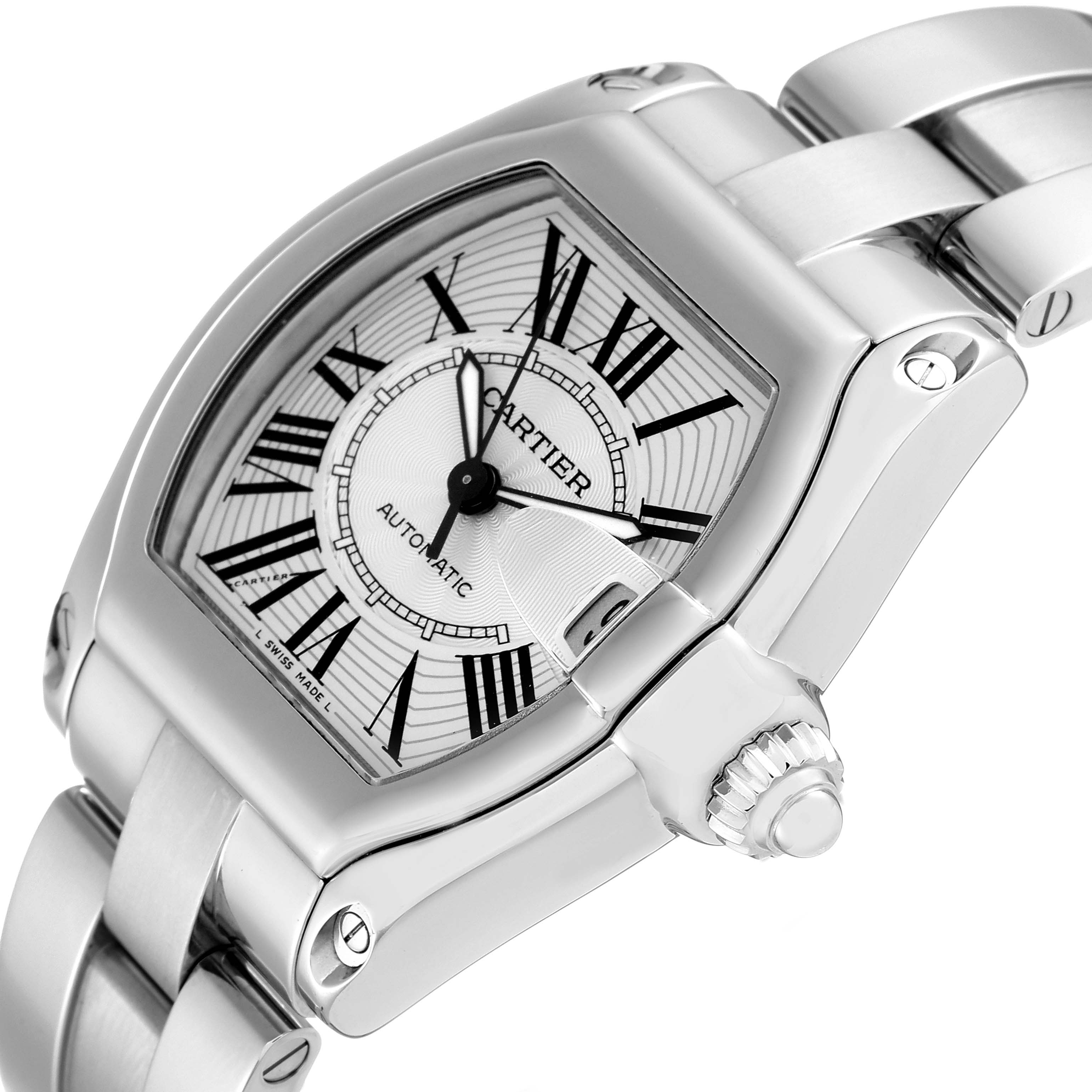 The image shows a close-up, oblique angle of the Cartier Roadster W62025V3 Men
s Stainless Steel Silver Dial W62025V3 Men
s Stainless Steel Silver Dial watch, highlighting the dial, crown, and part of the bracelet.