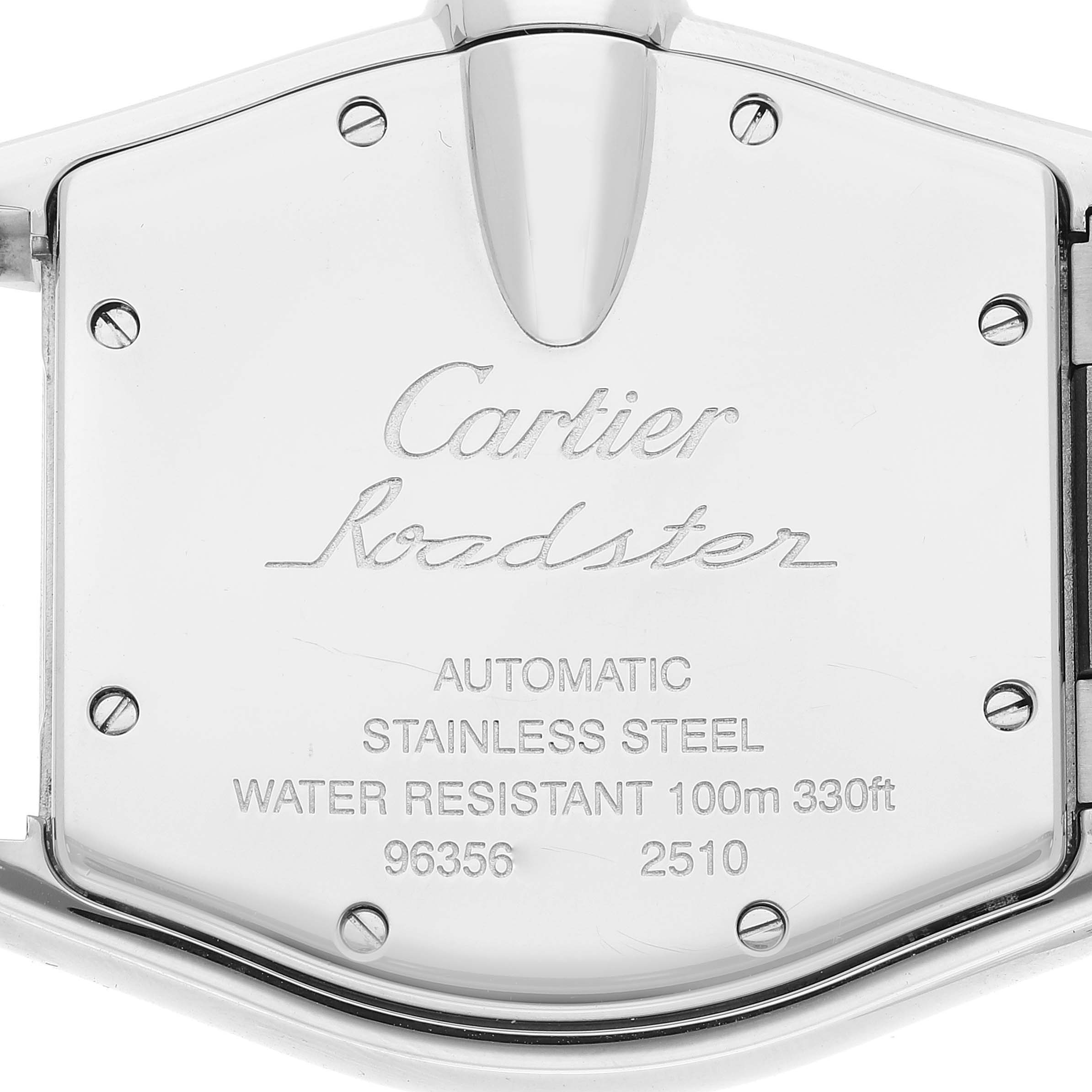 The image shows the back case of the Cartier Roadster W62025V3 Men
s Stainless Steel Silver Dial W62025V3 Men
s Stainless Steel Silver Dial watch engraved with details about the model and specifications.