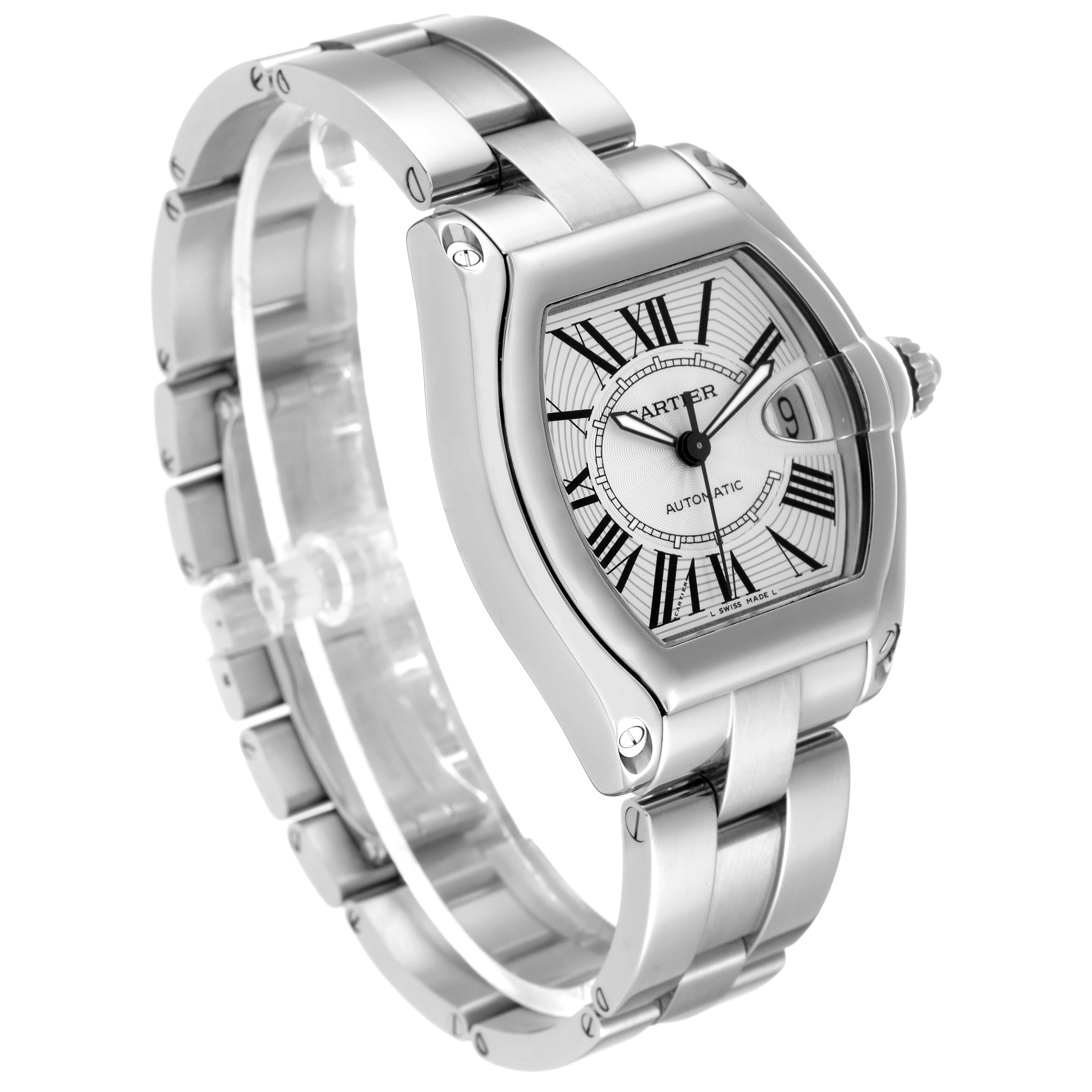The Cartier Roadster W62025V3 Men
s Stainless Steel Silver Dial W62025V3 Men
s Stainless Steel Silver Dial watch is shown at a three-quarter angle, highlighting its face, crown, and stainless steel bracelet.