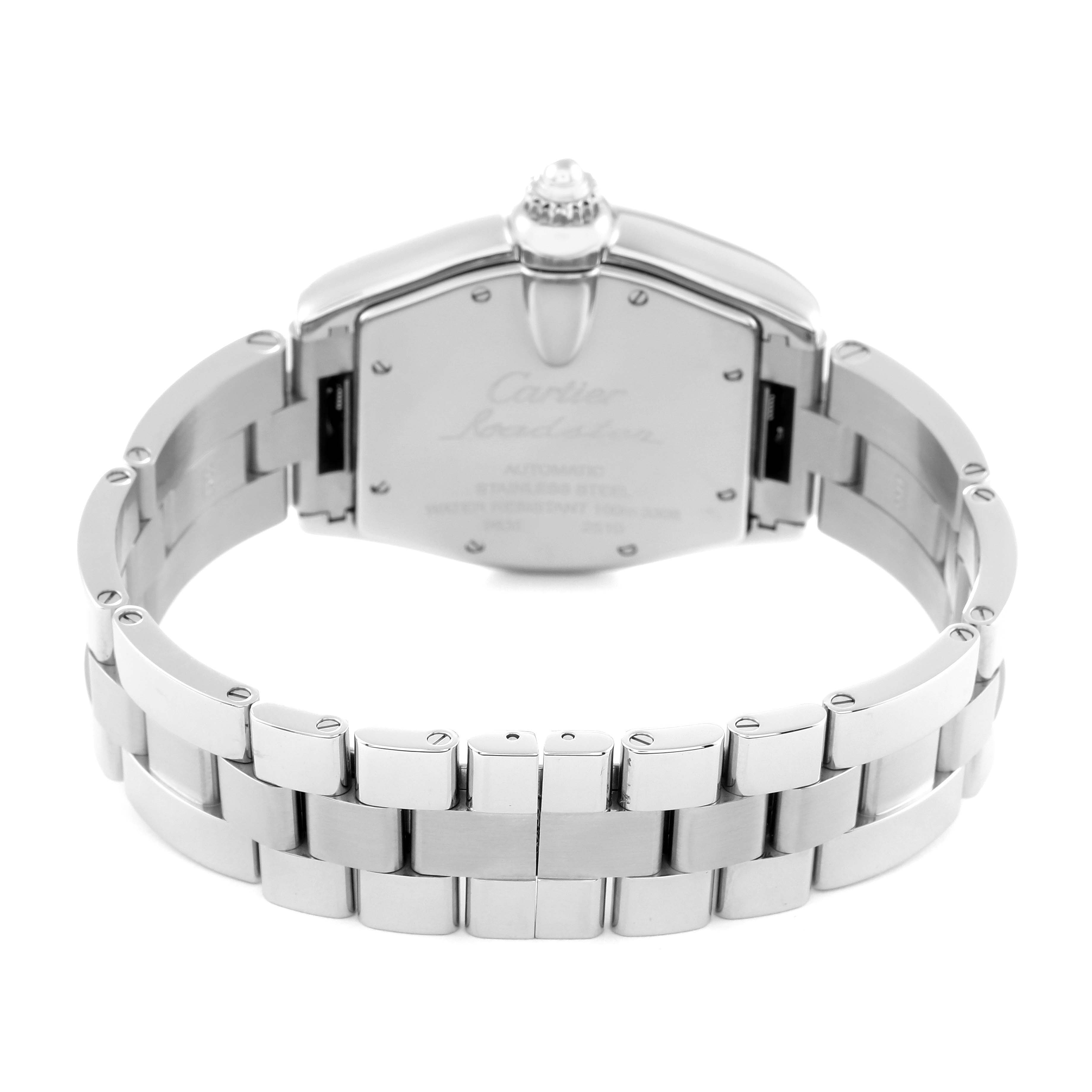 This image shows the back and bracelet of a Cartier Roadster W62025V3 Men
s Stainless Steel Silver Dial W62025V3 Men
s Stainless Steel Silver Dial watch, highlighting its stainless steel components.