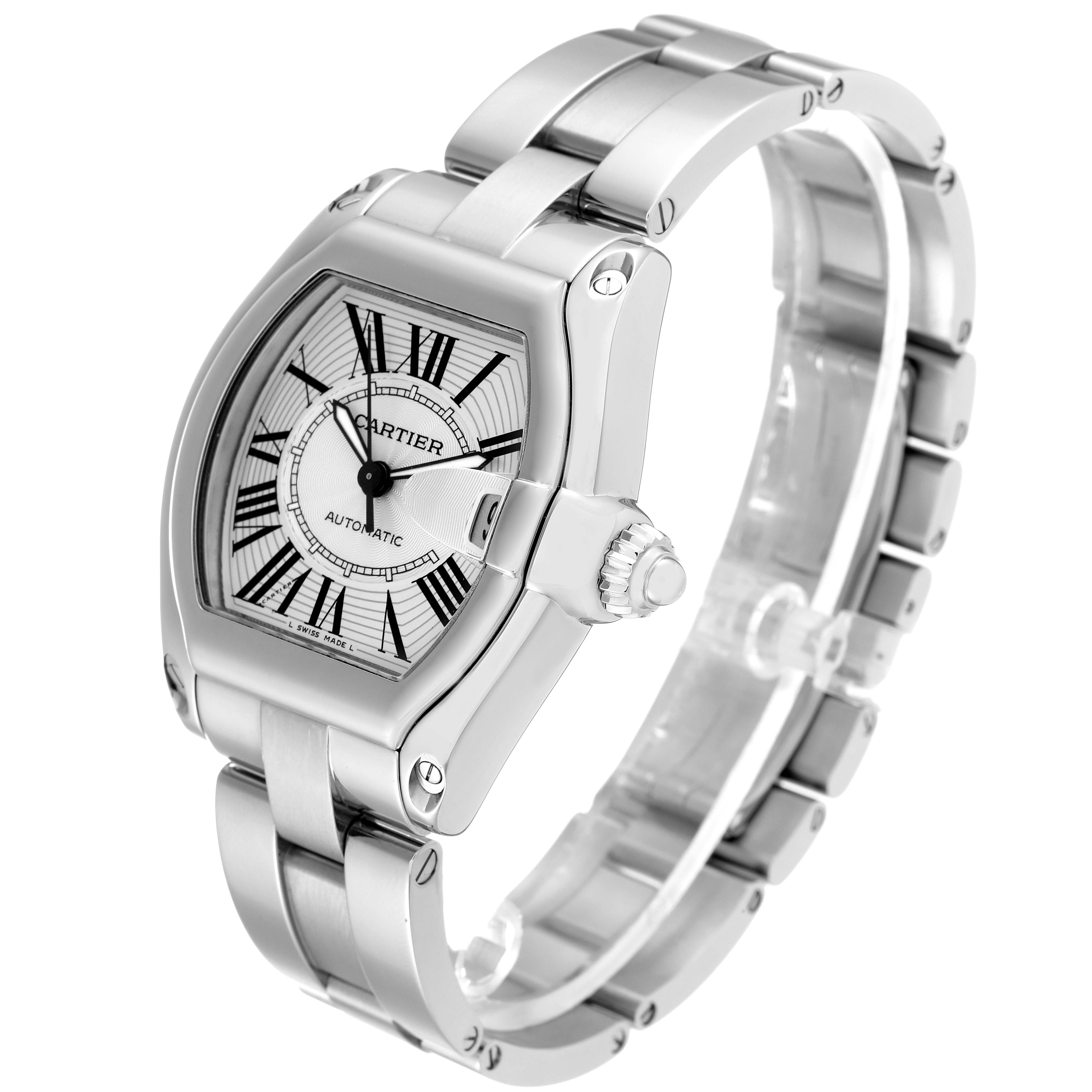 This image shows a Cartier Roadster W62025V3 Men
s Stainless Steel Silver Dial W62025V3 Men
s Stainless Steel Silver Dial watch from a front angle, highlighting the dial, case, and bracelet.