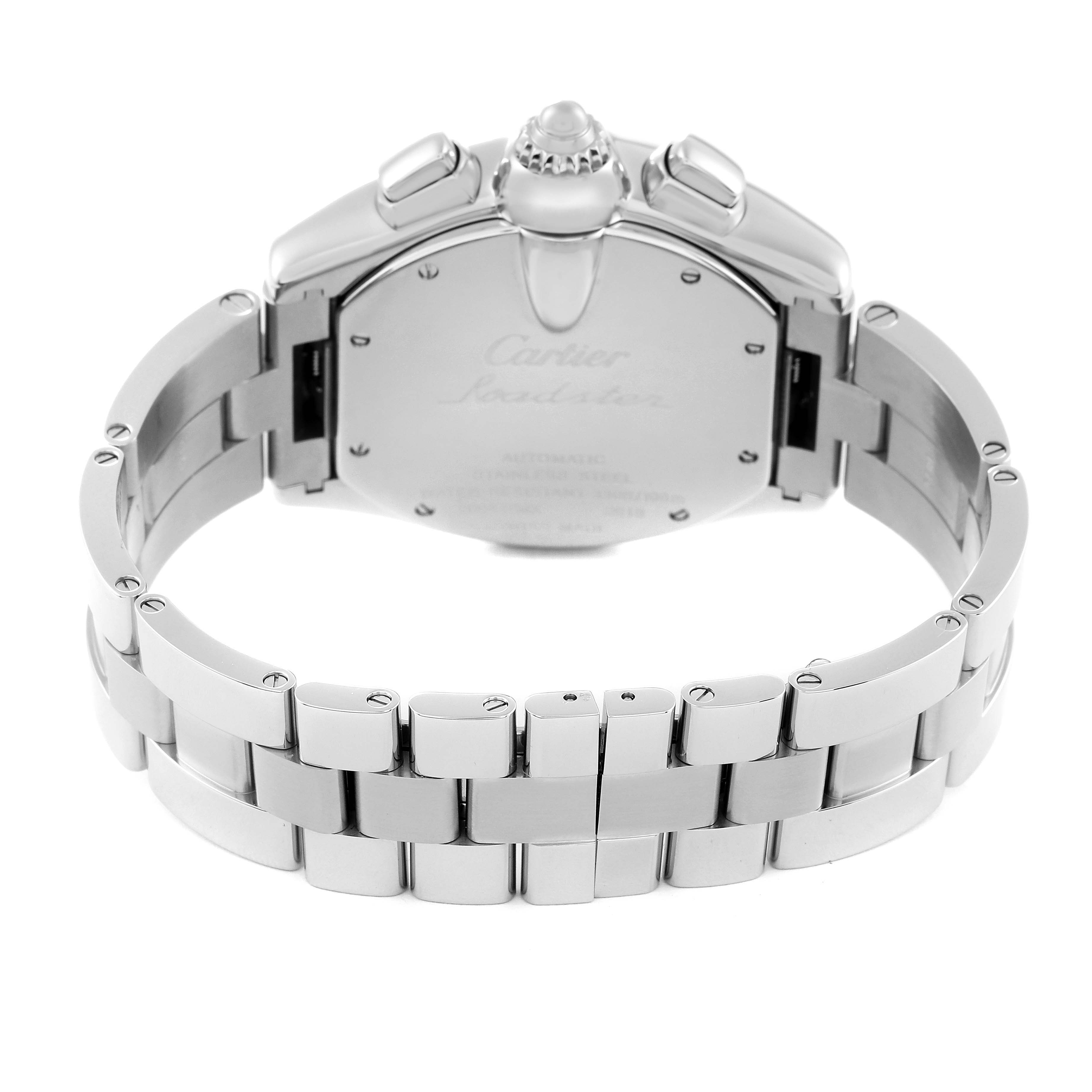 This image shows the back view of a Cartier Roadster W62020X6 Men's Stainless Steel Black Dial W62020X6 Men's Stainless Steel Black Dial watch, highlighting the bracelet and case back.