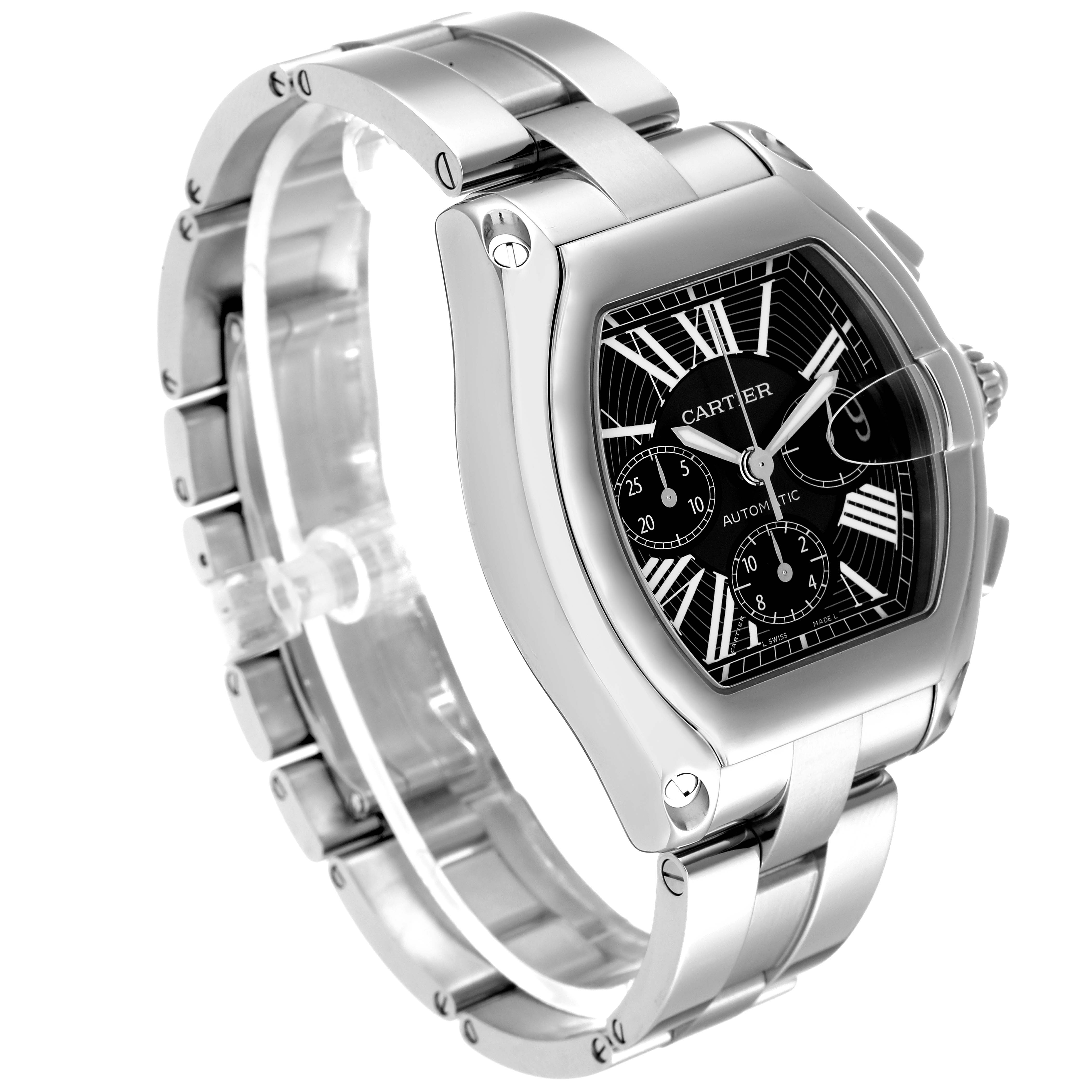 The image shows a Cartier Roadster W62020X6 Men's Stainless Steel Black Dial W62020X6 Men's Stainless Steel Black Dial watch angled from the top and side, displaying its face, bezel, and strap.