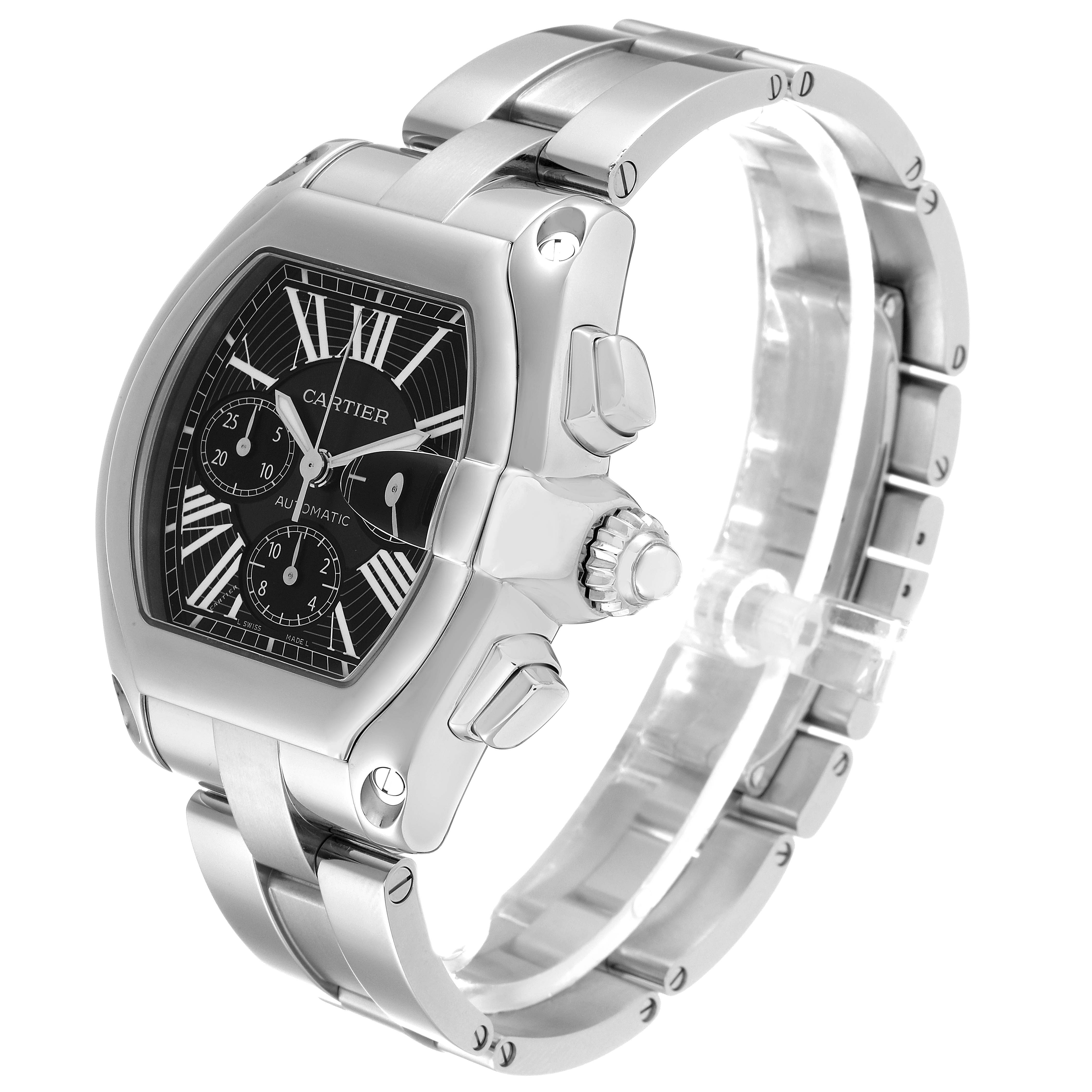 The Cartier Roadster W62020X6 Men's Stainless Steel Black Dial W62020X6 Men's Stainless Steel Black Dial watch is shown at a three-quarter angle, highlighting the bracelet, crown, and chronograph dial.