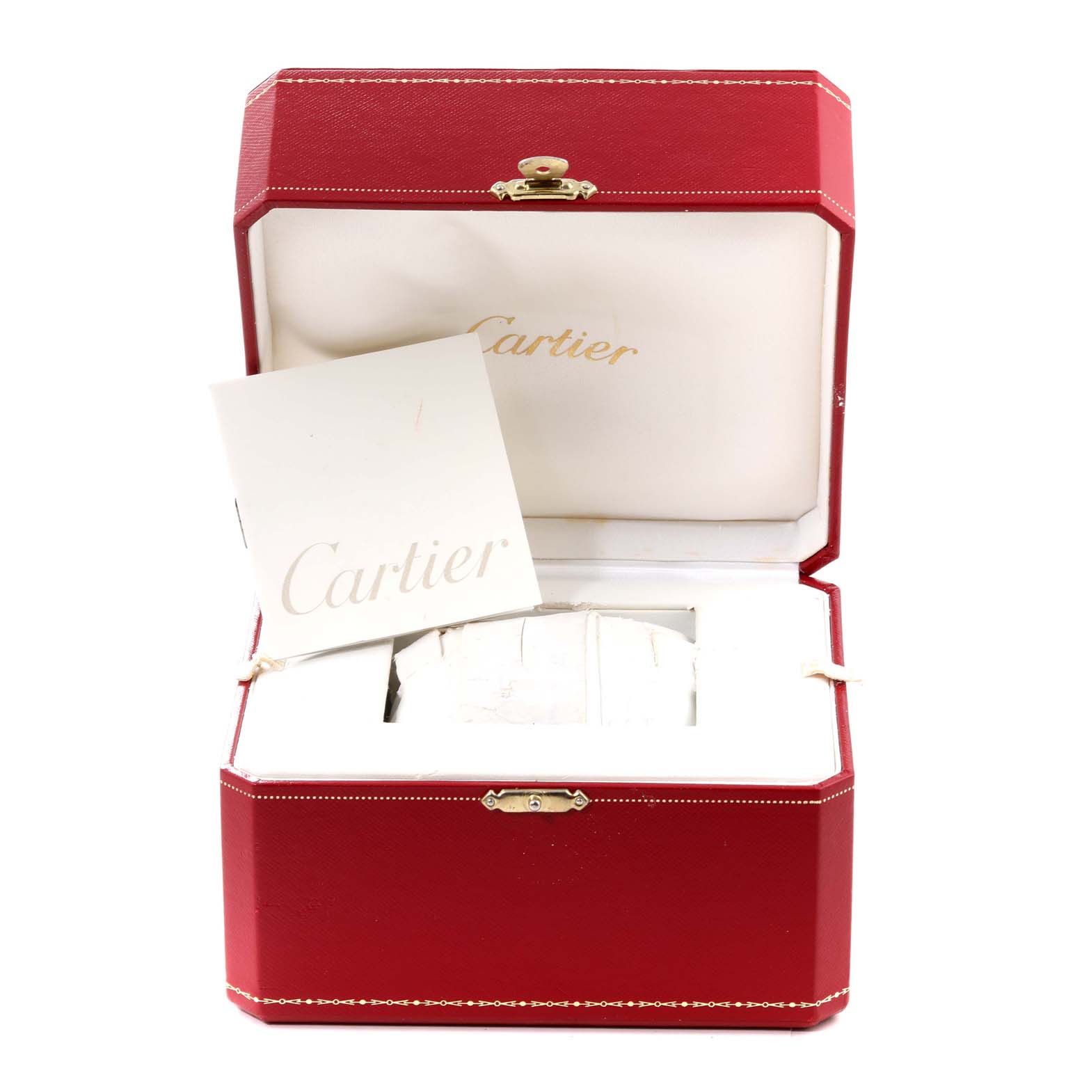 The image shows a Cartier Roadster W62020X6 Men's Stainless Steel Black Dial W62020X6 Men's Stainless Steel Black Dial watch's open red box, with a manual and the watch's cushion visible.