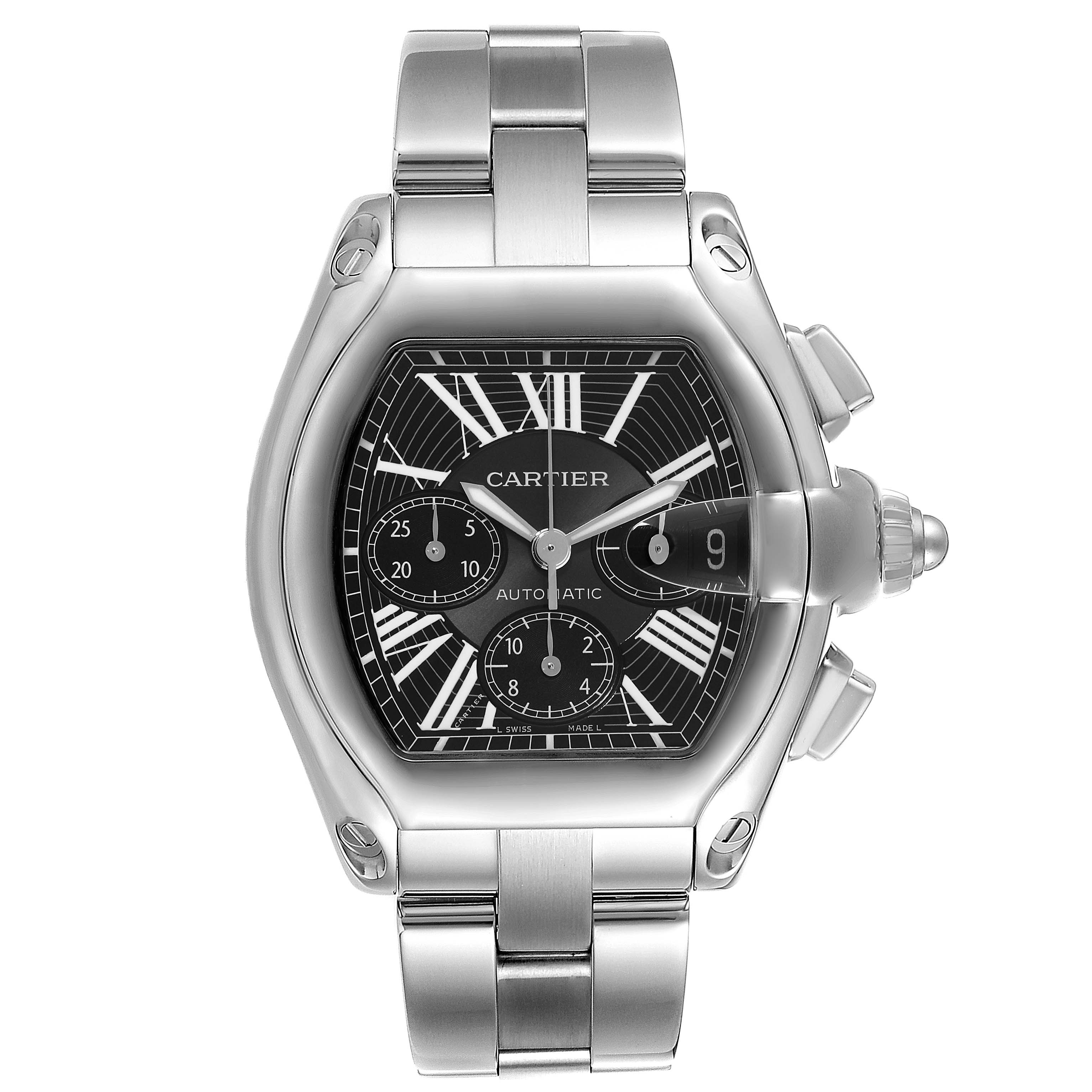 The Cartier Roadster W62020X6 Men's Stainless Steel Black Dial W62020X6 Men's Stainless Steel Black Dial model watch is shown from a front angle displaying its face, dial, and stainless steel bracelet.