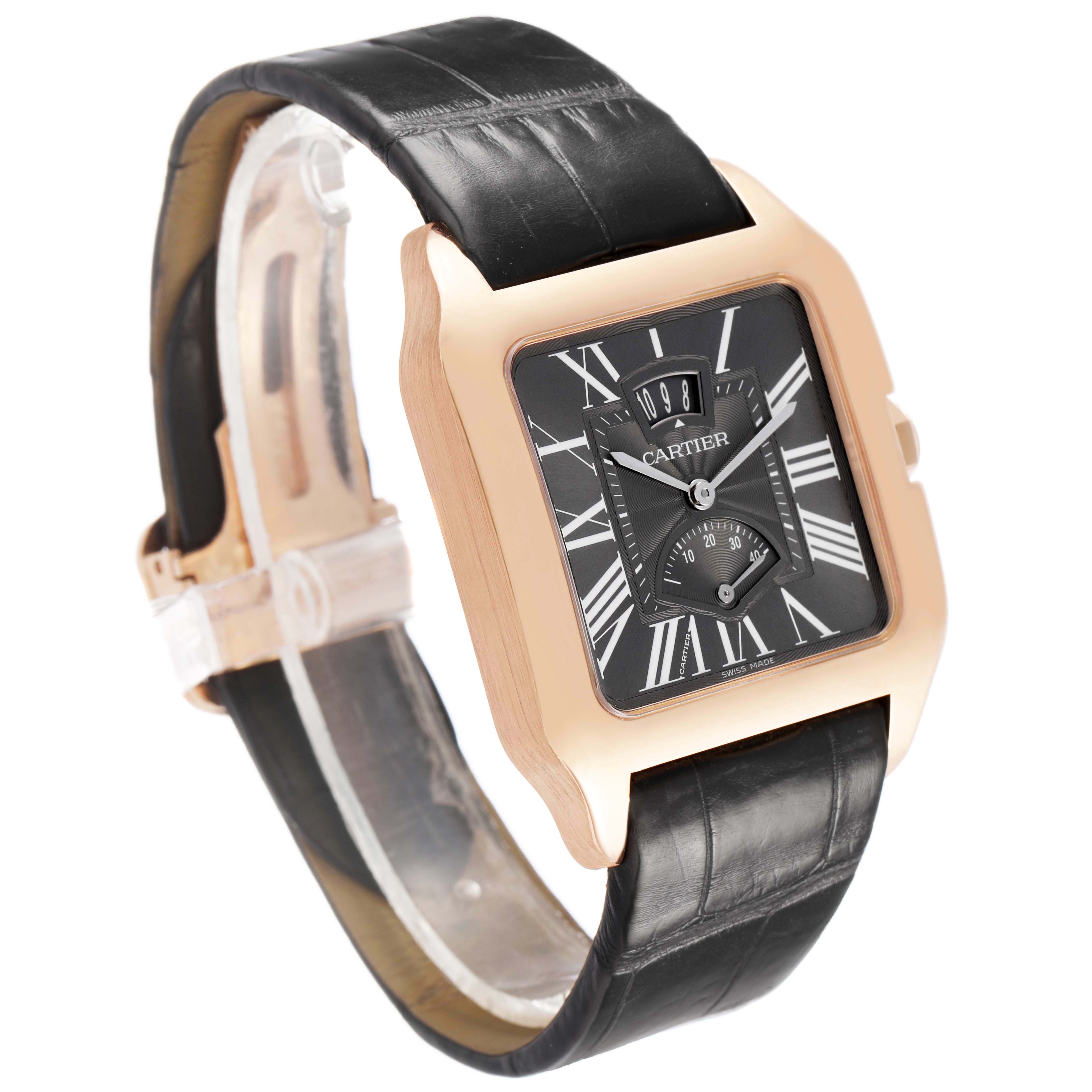 The Cartier Santos Dumont W2020068 Men's Rose Gold Grey Dial watch is shown at a three-quarter angle, highlighting the gold case, black dial with Roman numerals, and leather strap.