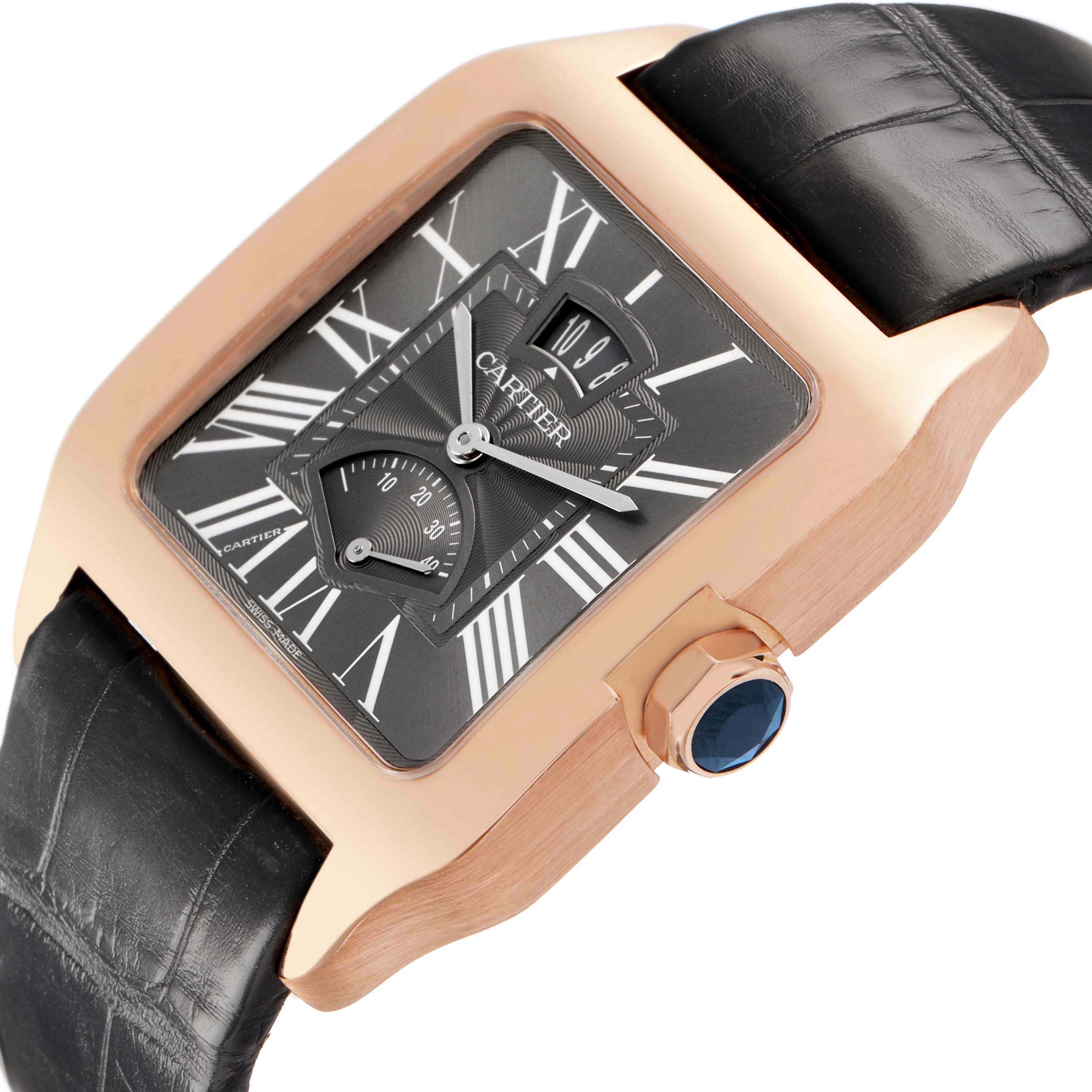 The Cartier Santos Dumont W2020068 Men's Rose Gold Grey Dial watch is shown at an angle highlighting the crown, case, and face with Roman numerals.