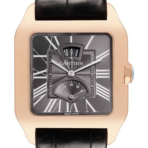 The Cartier Santos Dumont W2020068 Men's Rose Gold Grey Dial watch is shown from the front, highlighting the face, hands, and strap.