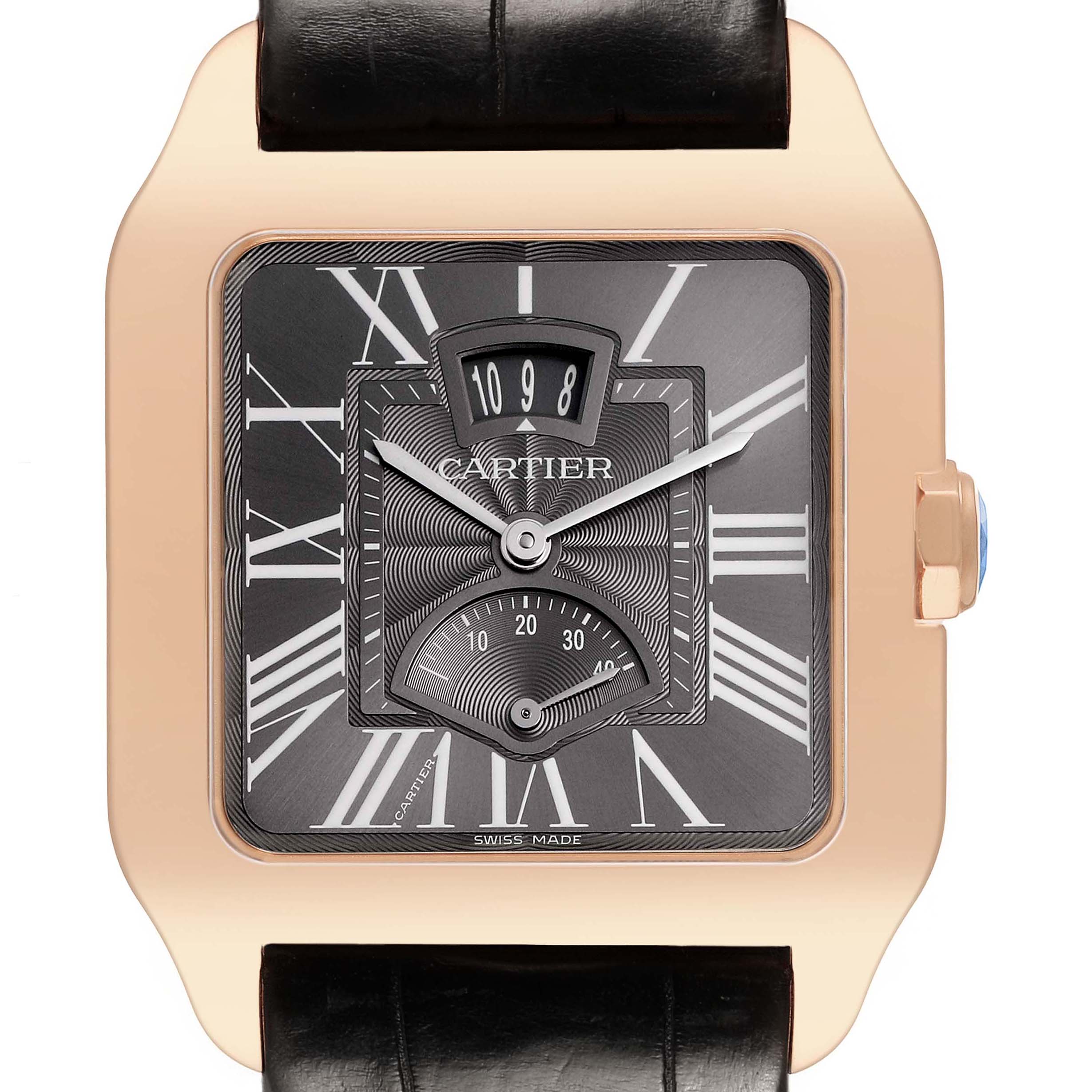 The image shows a front view of the Cartier Santos Dumont W2020068 Men's Rose Gold Grey Dial watch, highlighting the dial, hands, and black leather strap.