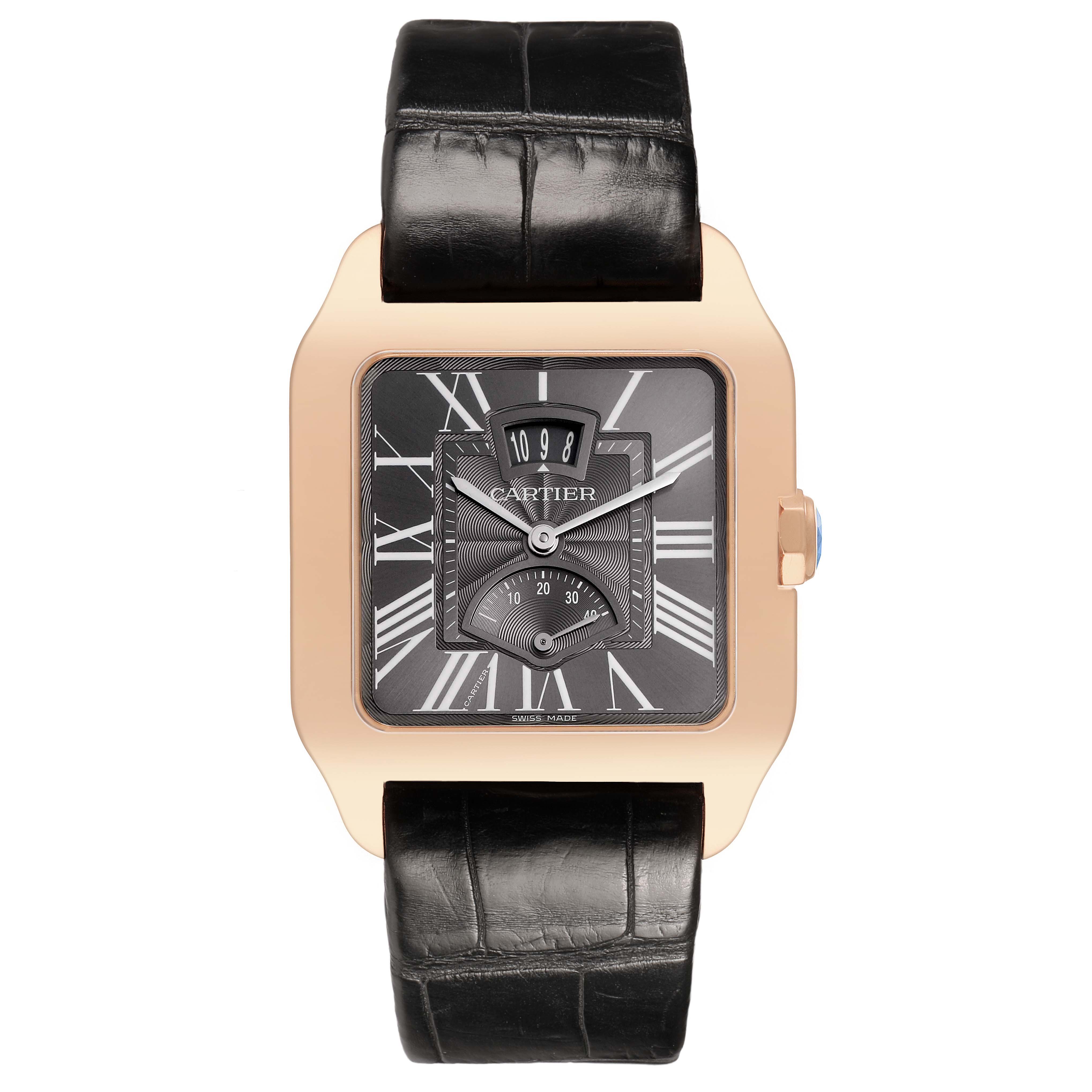 The Cartier Santos Dumont W2020068 Men's Rose Gold Grey Dial watch is shown from a front angle, highlighting its square case, Roman numerals, and black leather strap.