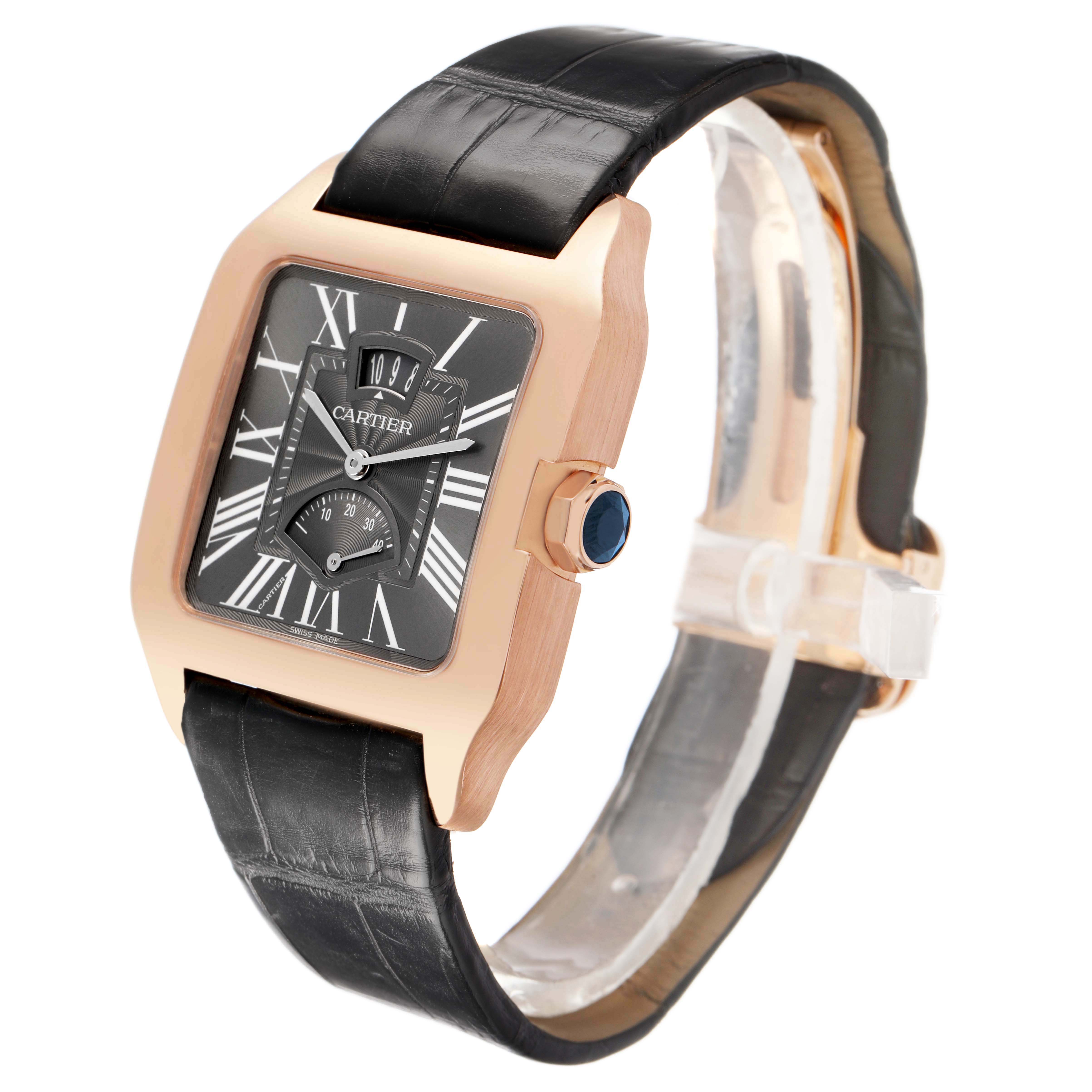 The Cartier Santos Dumont W2020068 Men's Rose Gold Grey Dial watch is shown at a three-quarter angle, highlighting its face, crown, and black leather strap.