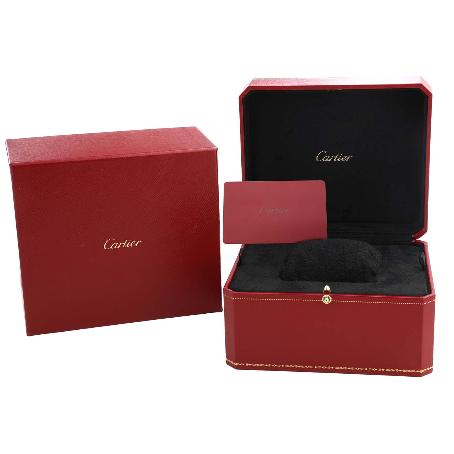 The image shows the open packaging and card for a Cartier Santos Dumont W2020068 Men's Rose Gold Grey Dial watch, without the watch included.