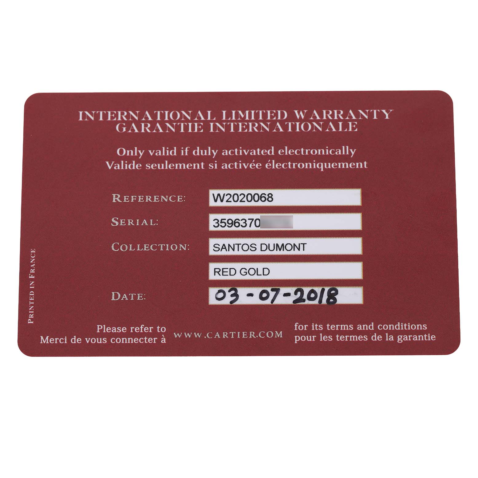 The image shows an international warranty card for the Cartier Santos Dumont W2020068 Men's Rose Gold Grey Dial watch, featuring details like reference and date.
