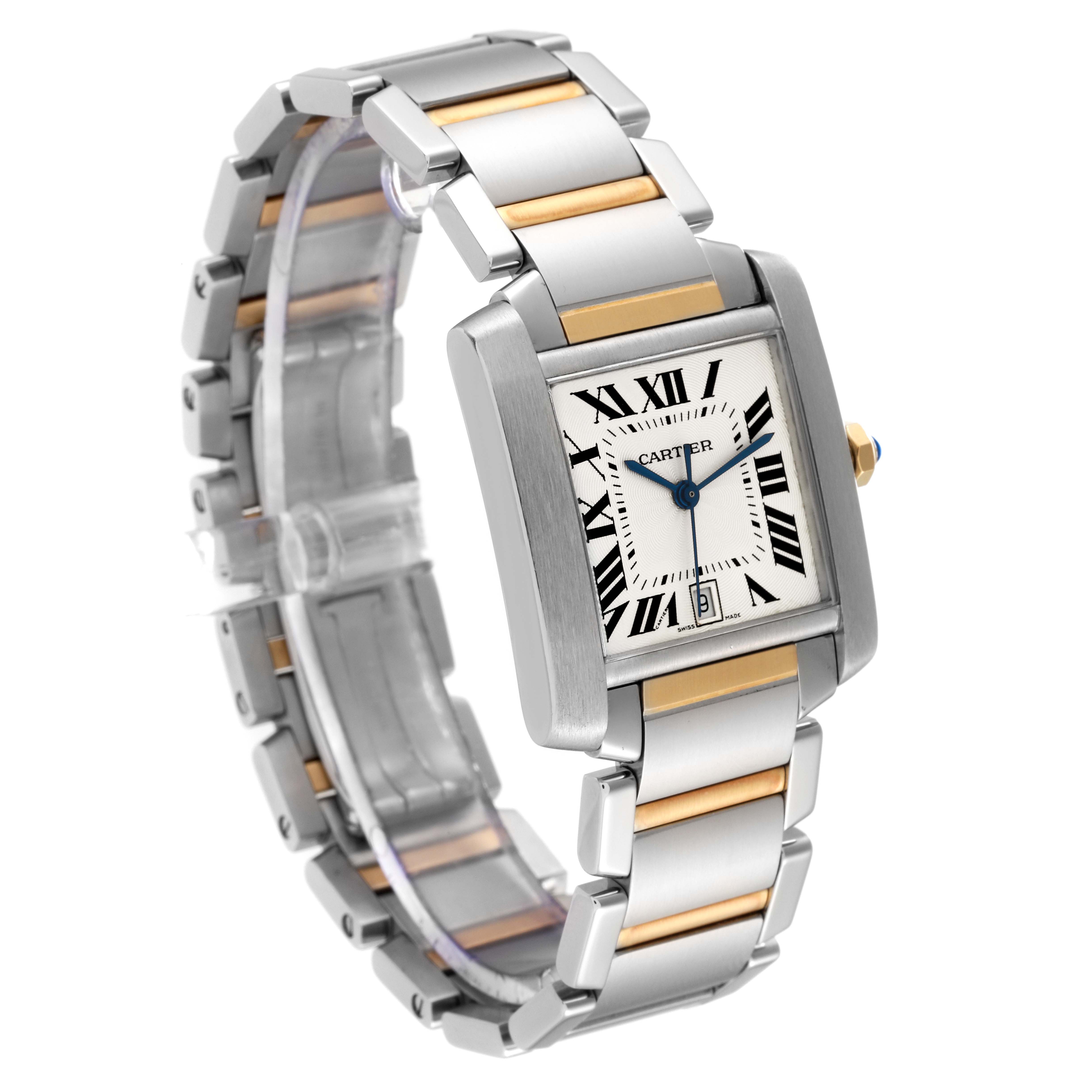 The Cartier Tank Francaise W51005Q4 Men
s Stainless Steel Silver Dial W51005Q4 Men
s Stainless Steel Silver Dial watch is shown from a three-quarter side angle, featuring the face, straps, and clasp.