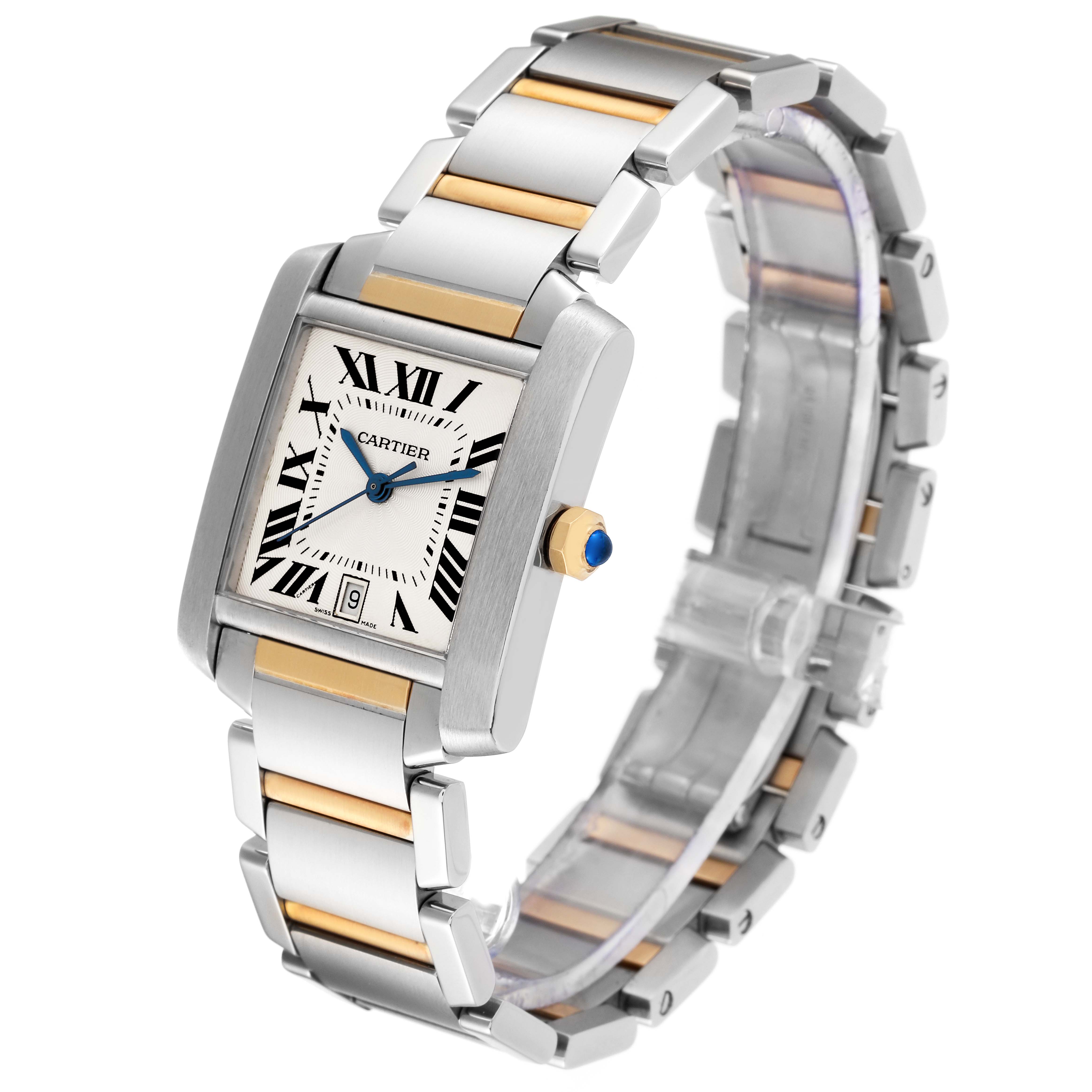This image shows a side-angle view of the Cartier Tank Francaise W51005Q4 Men
s Stainless Steel Silver Dial W51005Q4 Men
s Stainless Steel Silver Dial watch, highlighting the two-tone bracelet and rectangular face.