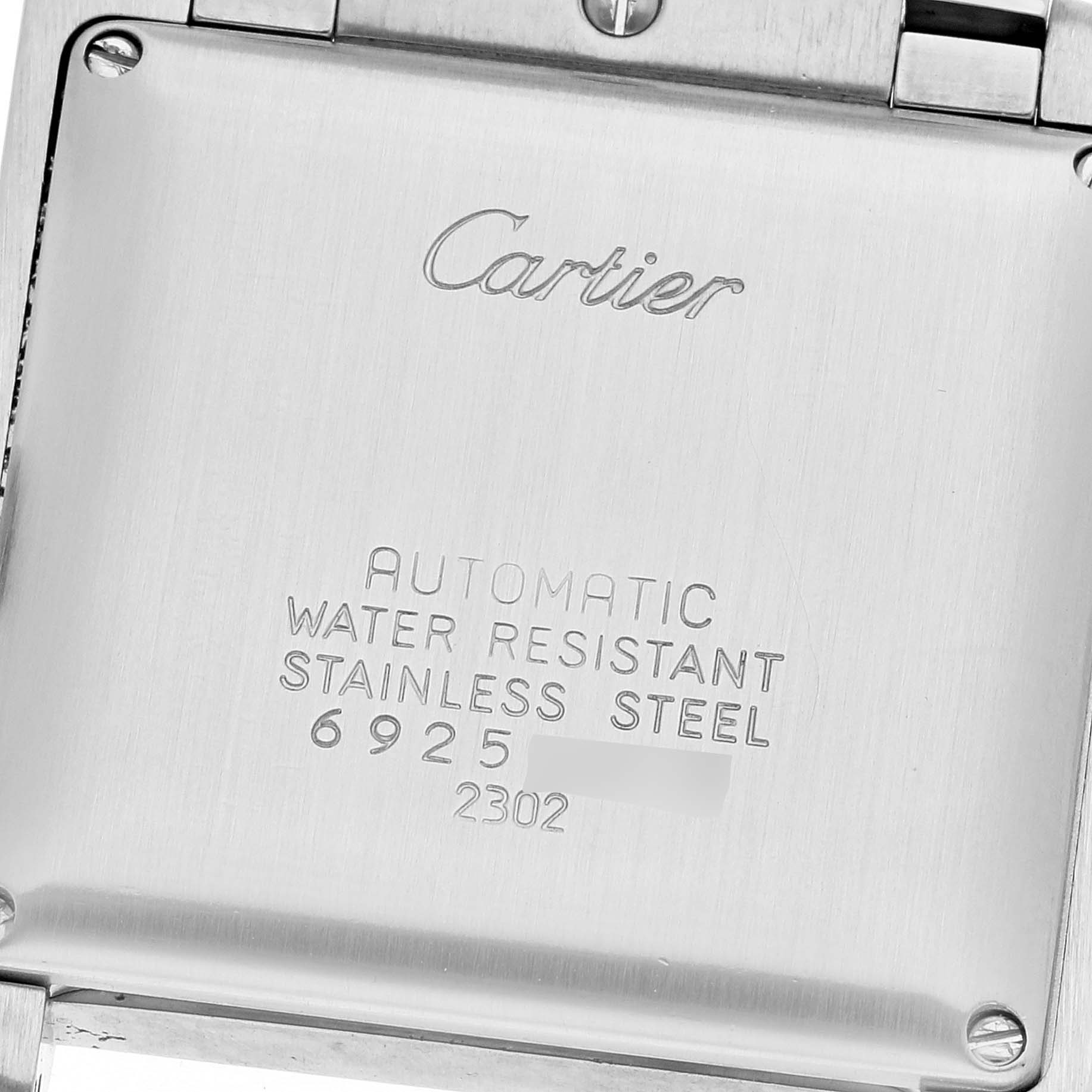 The image shows the back case of the Cartier Tank Francaise W51005Q4 Men
s Stainless Steel Silver Dial W51005Q4 Men
s Stainless Steel Silver Dial watch, including branding and specifications.