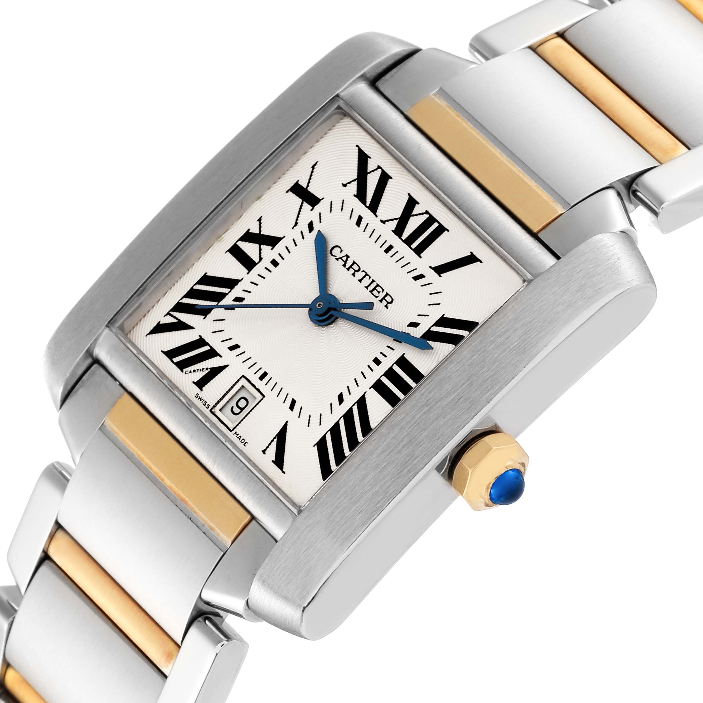 The image shows a close-up angle of a Cartier Tank Française watch, highlighting the dial, bracelet, and crown.