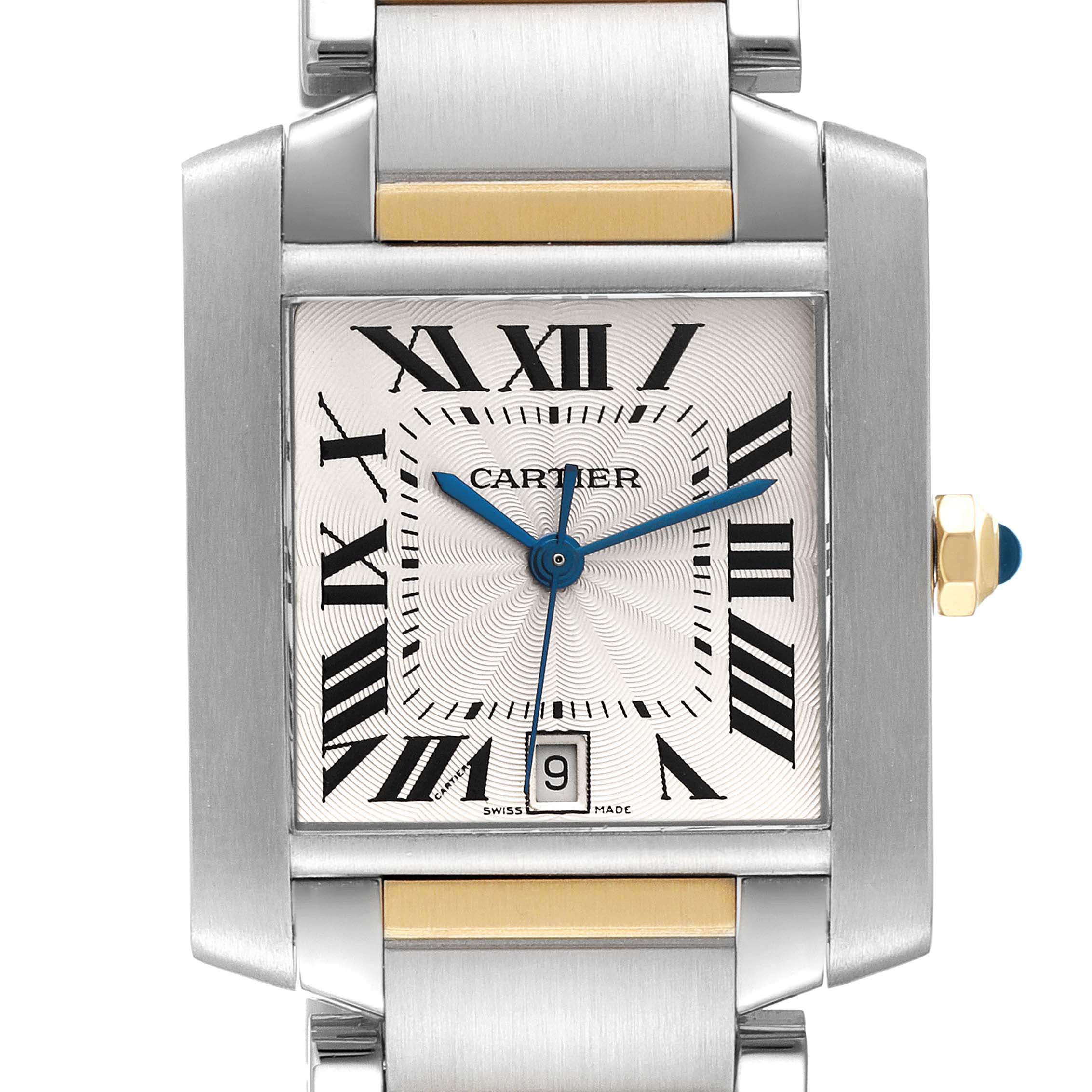 The Cartier Tank Francaise W51005Q4 Men
s Stainless Steel Silver Dial W51005Q4 Men
s Stainless Steel Silver Dial watch is shown from a front angle, highlighting its rectangular face, Roman numerals, and metal links.