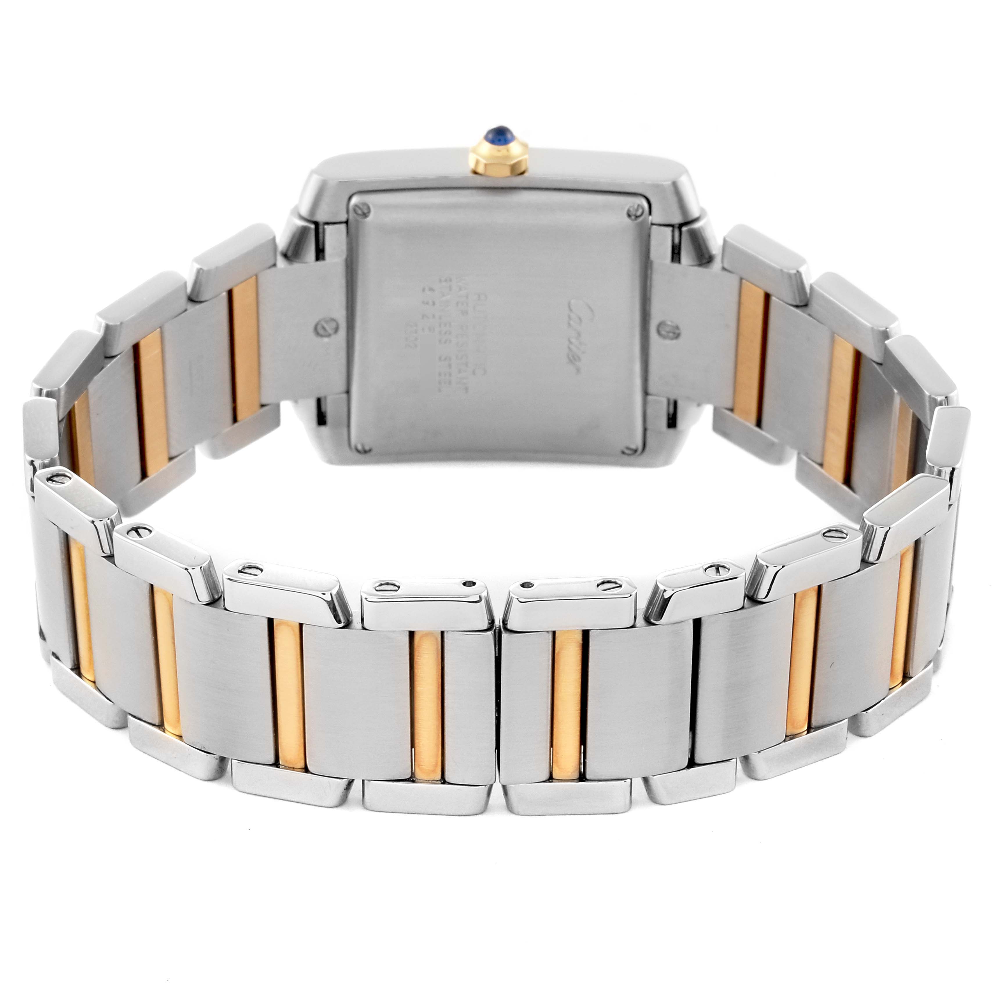 The image shows the back view of the Cartier Tank Française watch, highlighting its metal and gold bracelet.