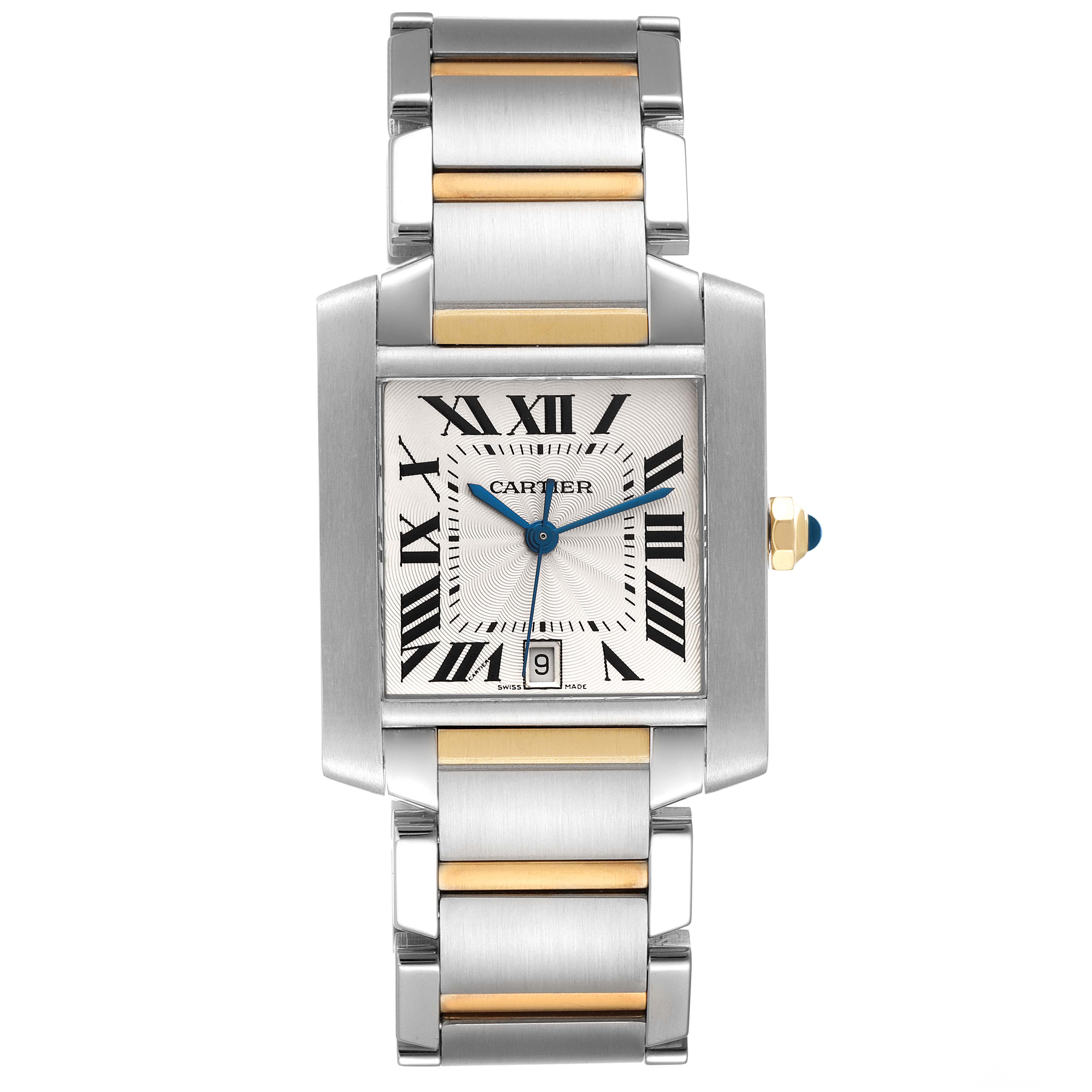 The image shows a front view of a Cartier Tank Francaise W51005Q4 Men
s Stainless Steel Silver Dial W51005Q4 Men
s Stainless Steel Silver Dial watch, displaying the face, hands, bracelet, and crown.
