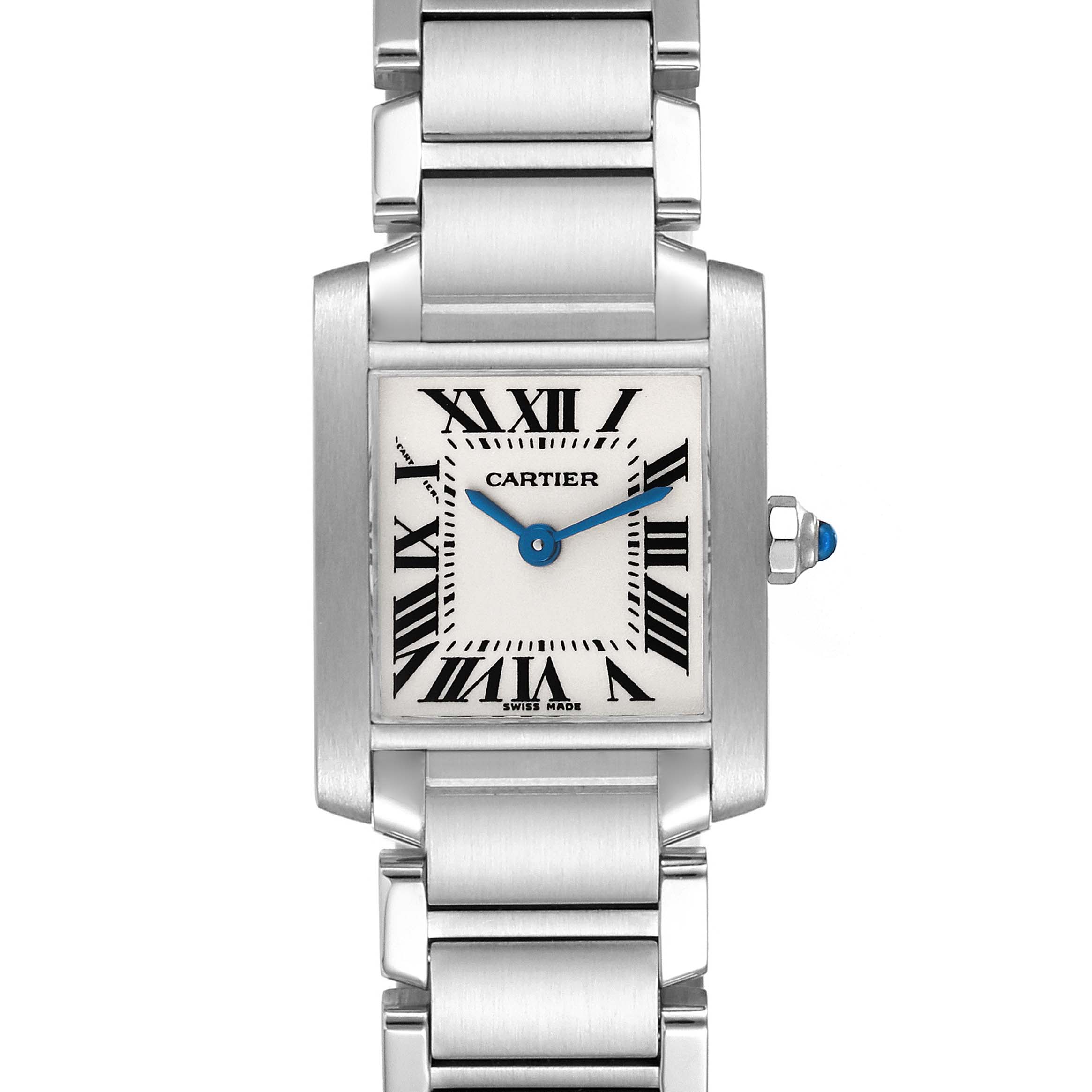 The Cartier Tank Francaise W51008Q3 Women
s Stainless Steel Silver Dial W51008Q3 Women
s Stainless Steel Silver Dial watch is shown from the front, highlighting its rectangular face, Roman numerals, and metal bracelet.