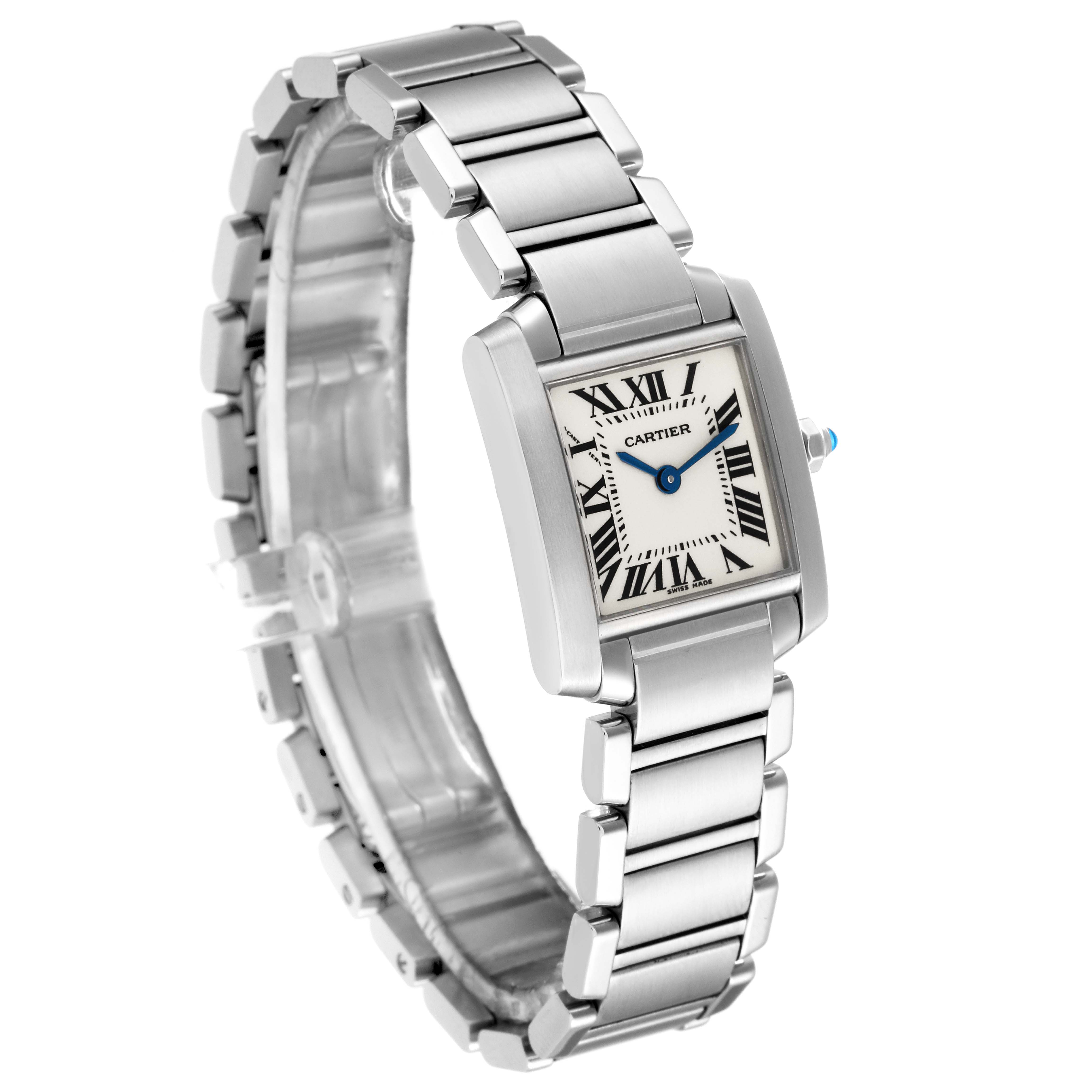 The image shows the Cartier Tank Francaise W51008Q3 Women
s Stainless Steel Silver Dial W51008Q3 Women
s Stainless Steel Silver Dial watch from an angled side view, highlighting the face, bracelet, and crown.