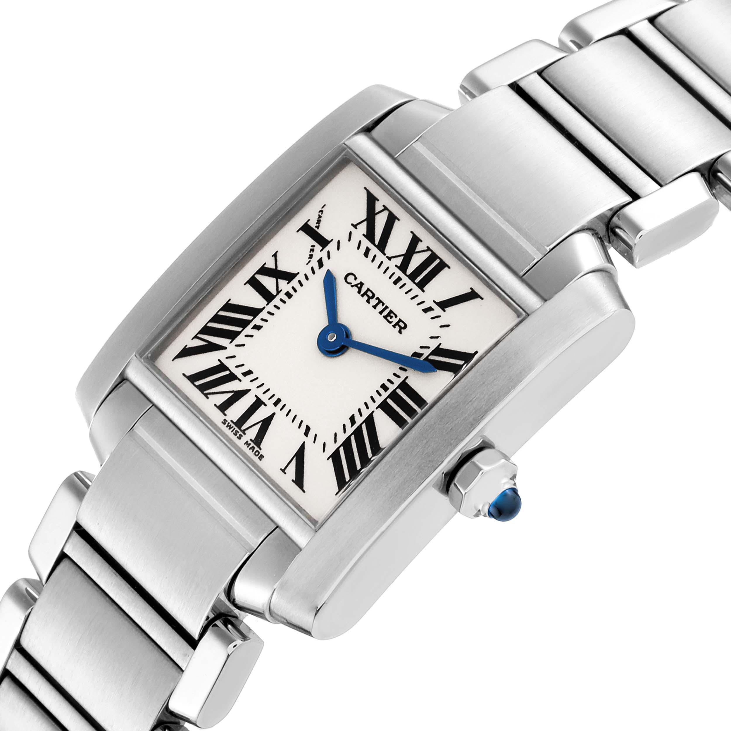 The image shows a close-up, angled view of the Cartier Tank Francaise W51008Q3 Women
s Stainless Steel Silver Dial W51008Q3 Women
s Stainless Steel Silver Dial watch, highlighting the face, bezel, crown, and part of the bracelet.