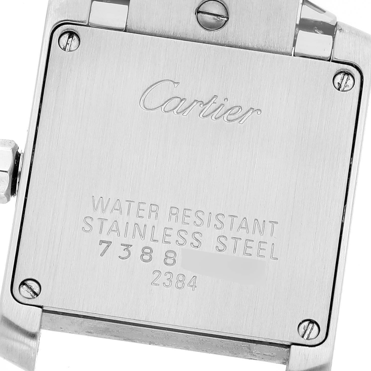 The image shows the back case of a Cartier Tank Francaise W51008Q3 Women
s Stainless Steel Silver Dial W51008Q3 Women
s Stainless Steel Silver Dial watch, highlighting the water resistance and stainless steel construction.