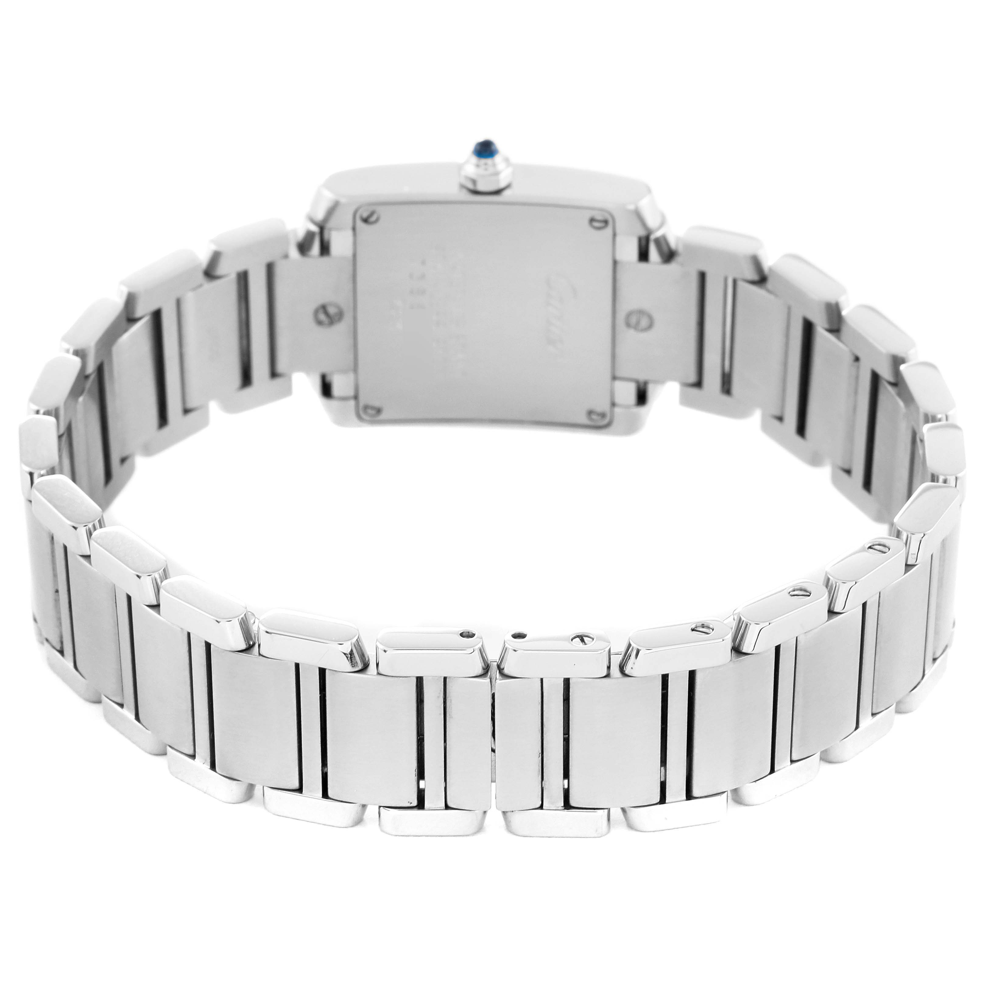 The image shows the back view of a Cartier Tank Francaise W51008Q3 Women
s Stainless Steel Silver Dial W51008Q3 Women
s Stainless Steel Silver Dial watch, showcasing its case back and stainless steel bracelet.