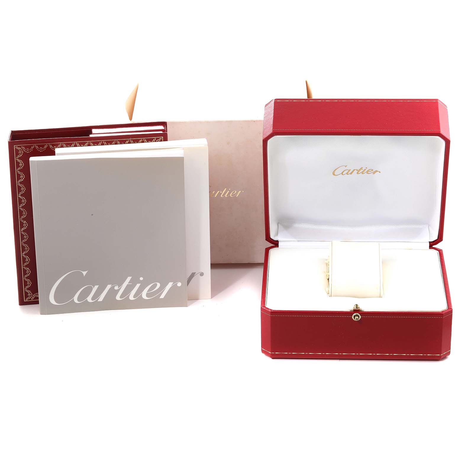 This image shows a Cartier Tank Francaise W51008Q3 Women
s Stainless Steel Silver Dial W51008Q3 Women
s Stainless Steel Silver Dial watch with its packaging, including the watch box, manual, and outer box, from a frontal angle.