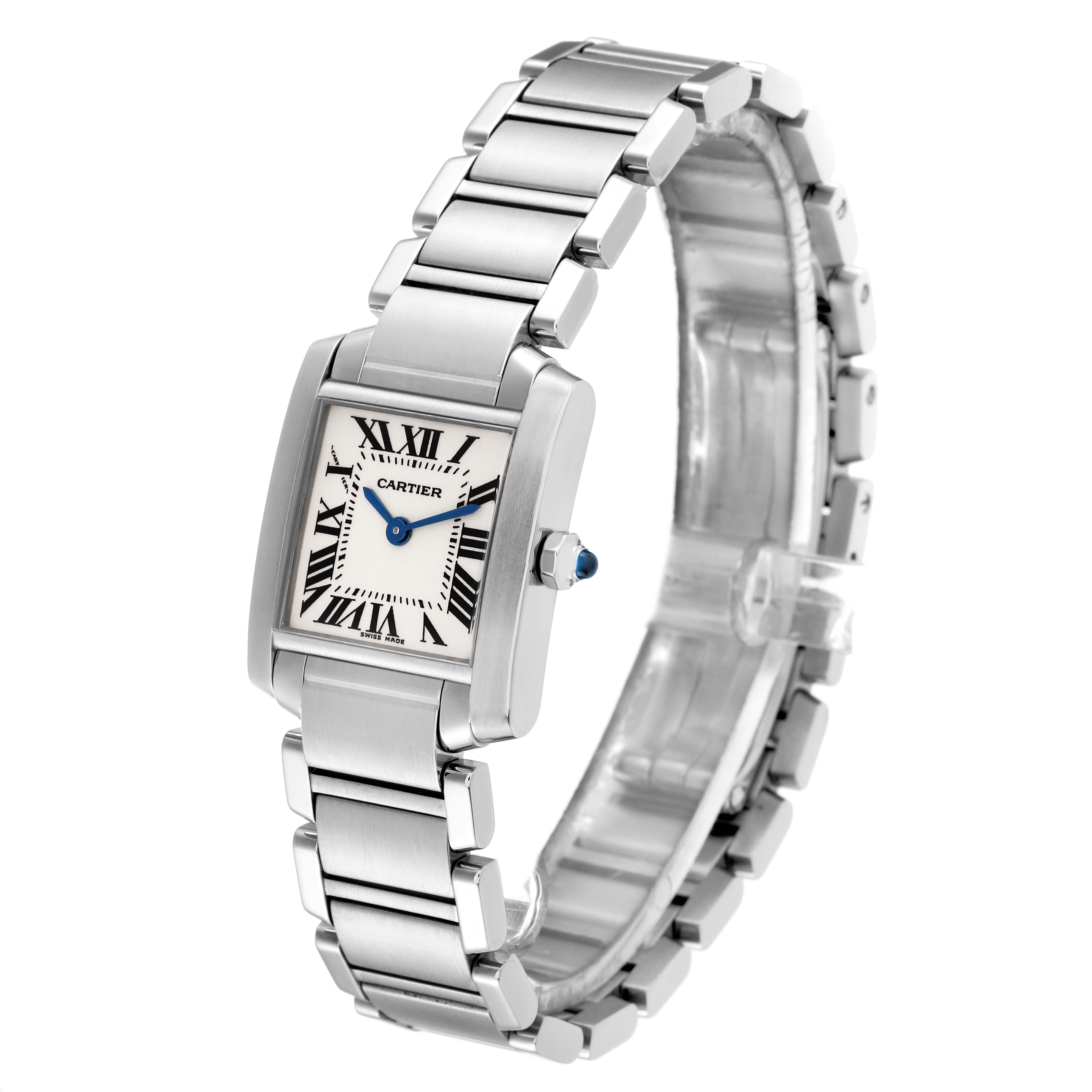 The image shows a Cartier Tank Francaise W51008Q3 Women
s Stainless Steel Silver Dial W51008Q3 Women
s Stainless Steel Silver Dial watch at a three-quarter angle showcasing the bracelet, dial, and crown.