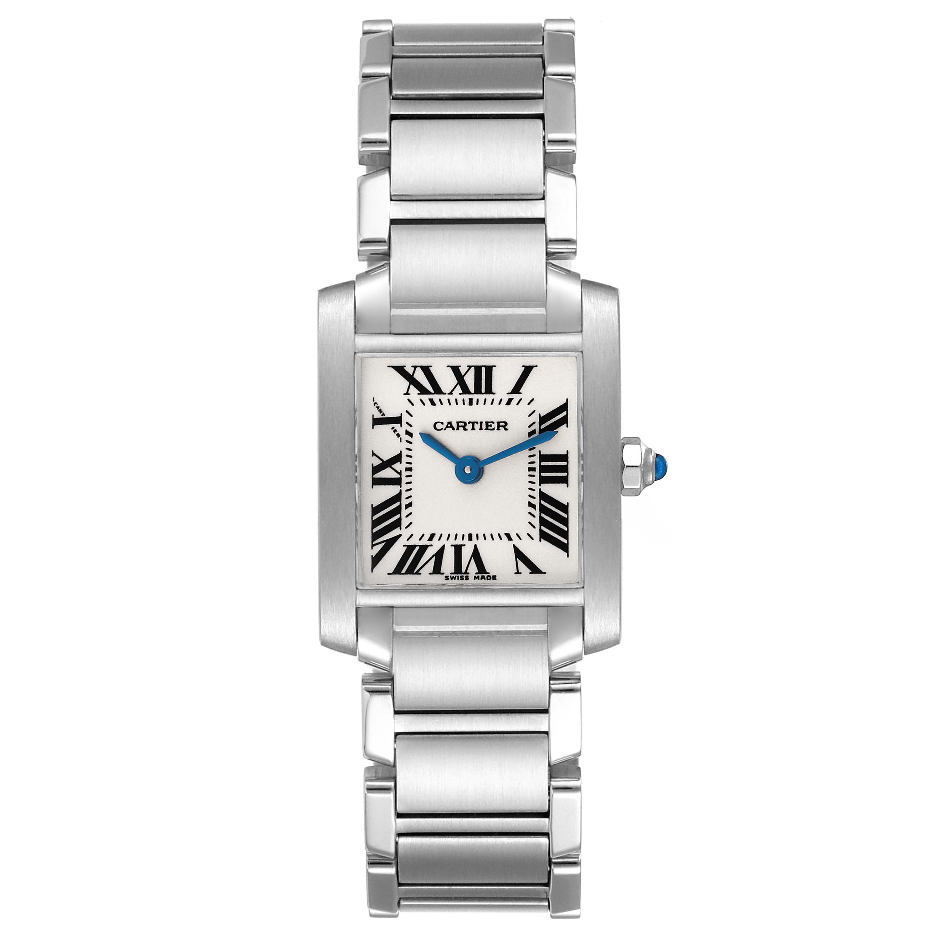 The image shows a front view of the Tank Francaise watch by Cartier, displaying the face, bezel, and bracelet.