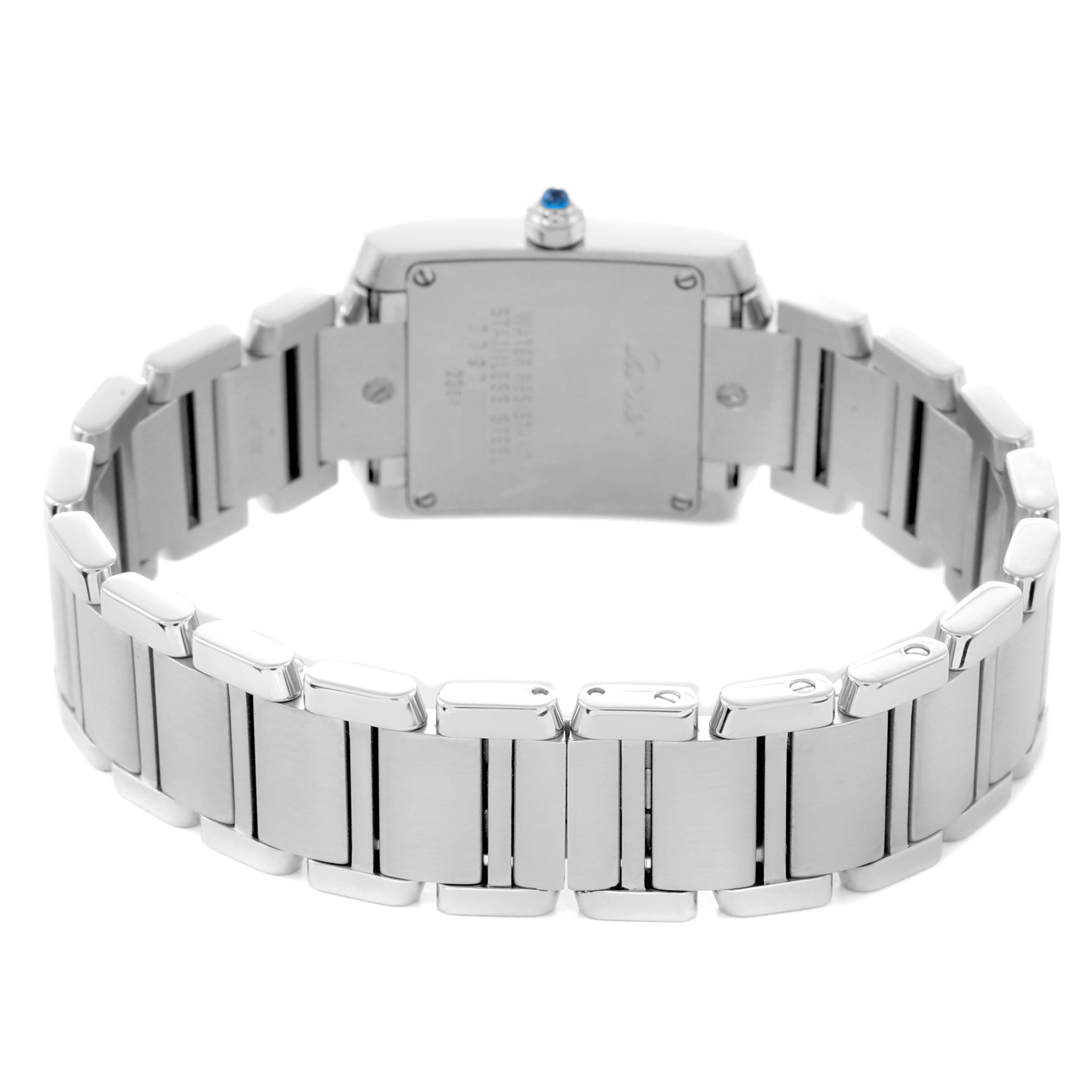 The image shows the back of a Cartier Tank Française men's watch, model W51008Q3, highlighting the stainless steel bracelet and case back.