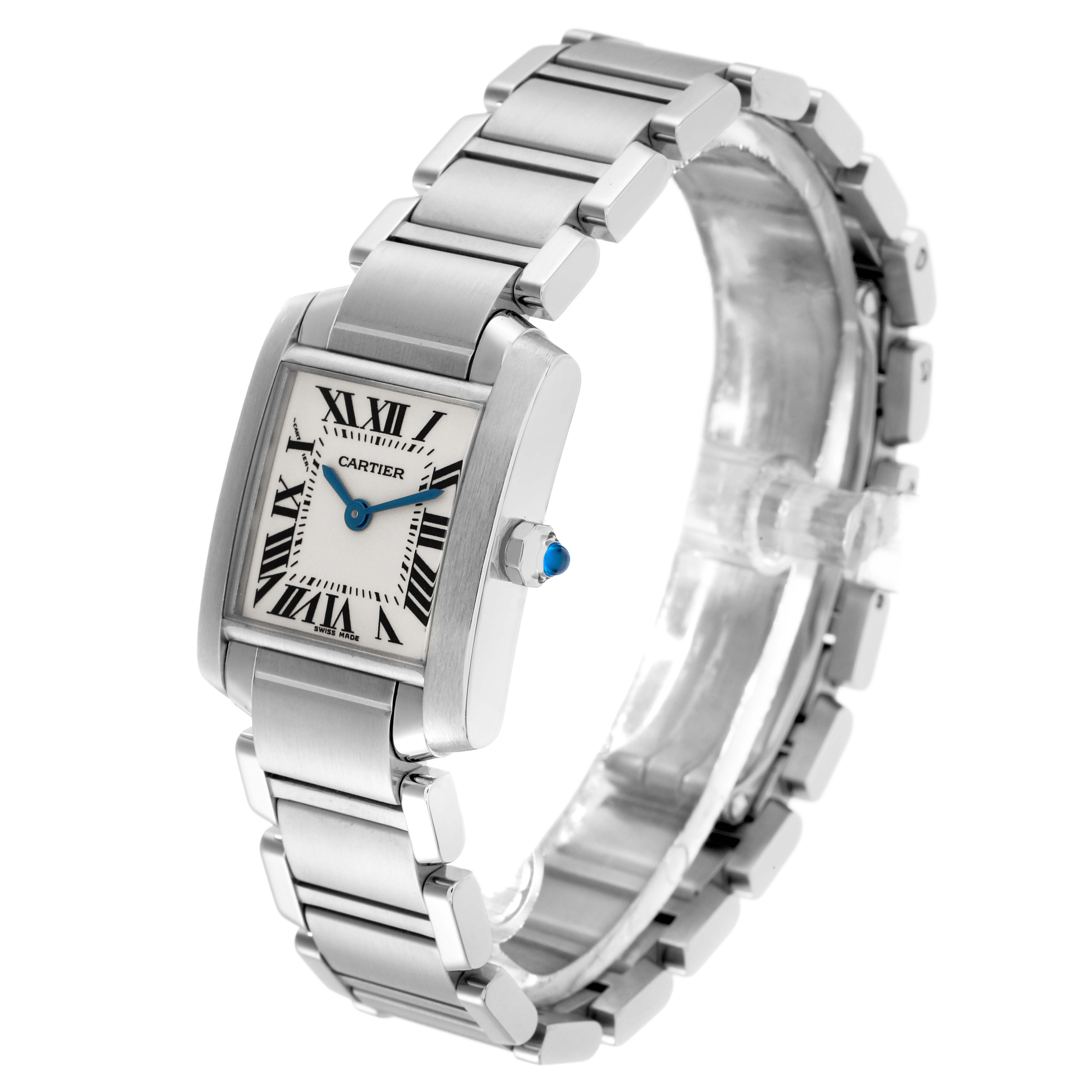 The Cartier Tank Francaise W51008Q3 men's watch is shown at an angled view, displaying the rectangular face, Roman numeral dial, bracelet, and side crown.