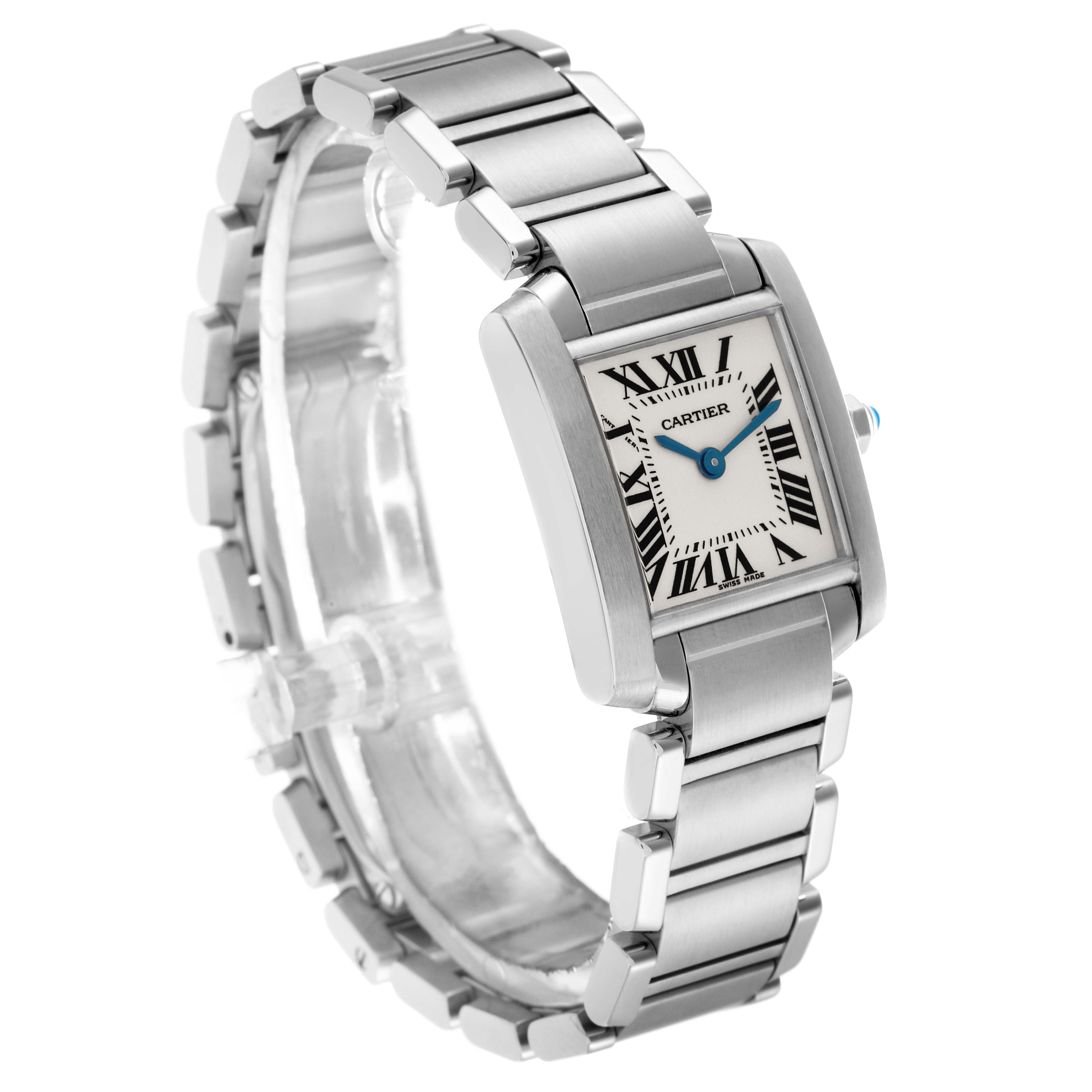 The image shows a Cartier Tank Française model W51008Q3 men's watch at an angled view, highlighting the watch face, bracelet, and signature blue hands.