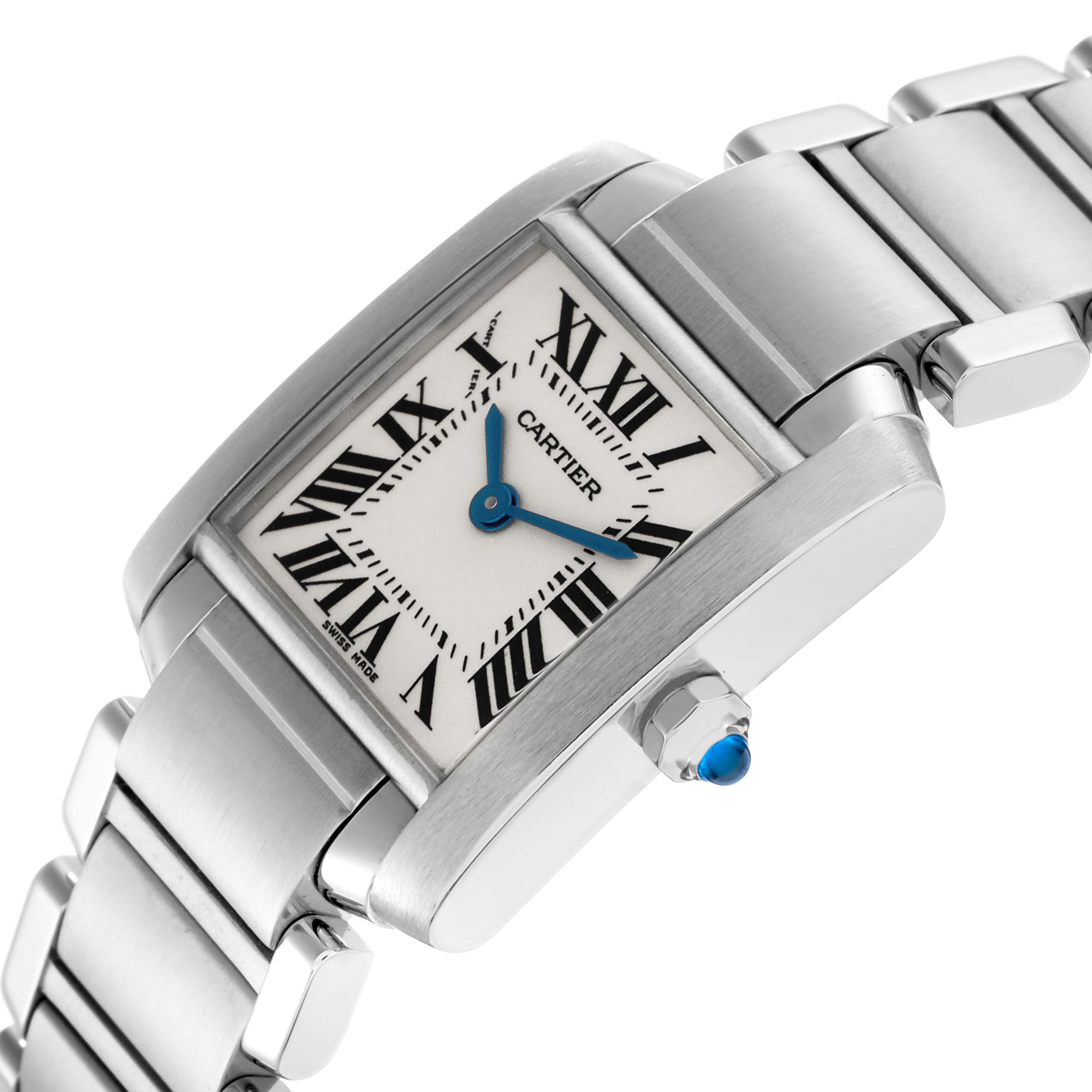 The image shows a Cartier Tank Française Men's watch, model W51008Q3, at an angled view highlighting the dial, crown, and part of the bracelet.