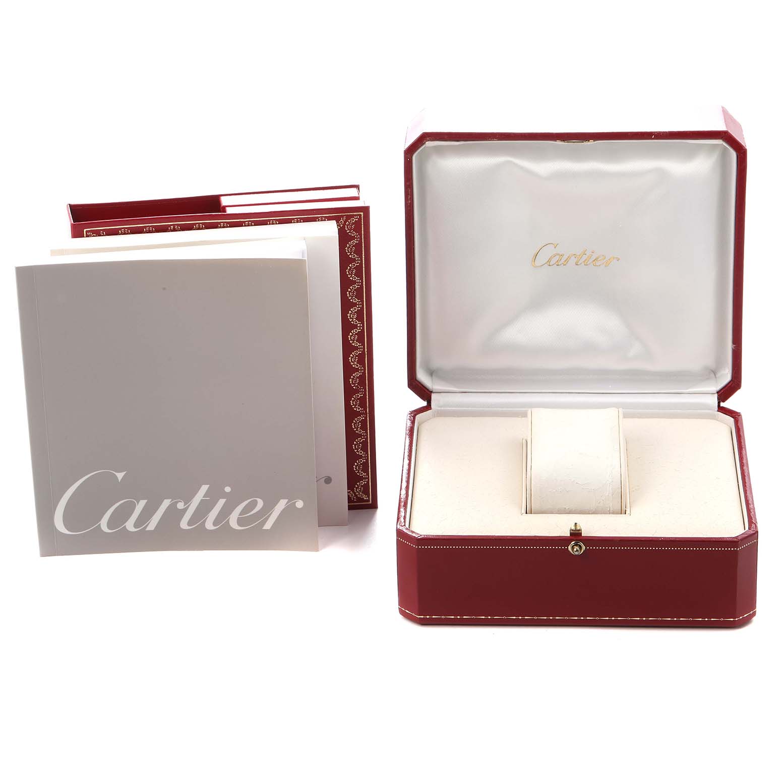 The image shows an open red Cartier watch box for the Tank Francaise model W51008Q3, alongside its accompanying booklets.
