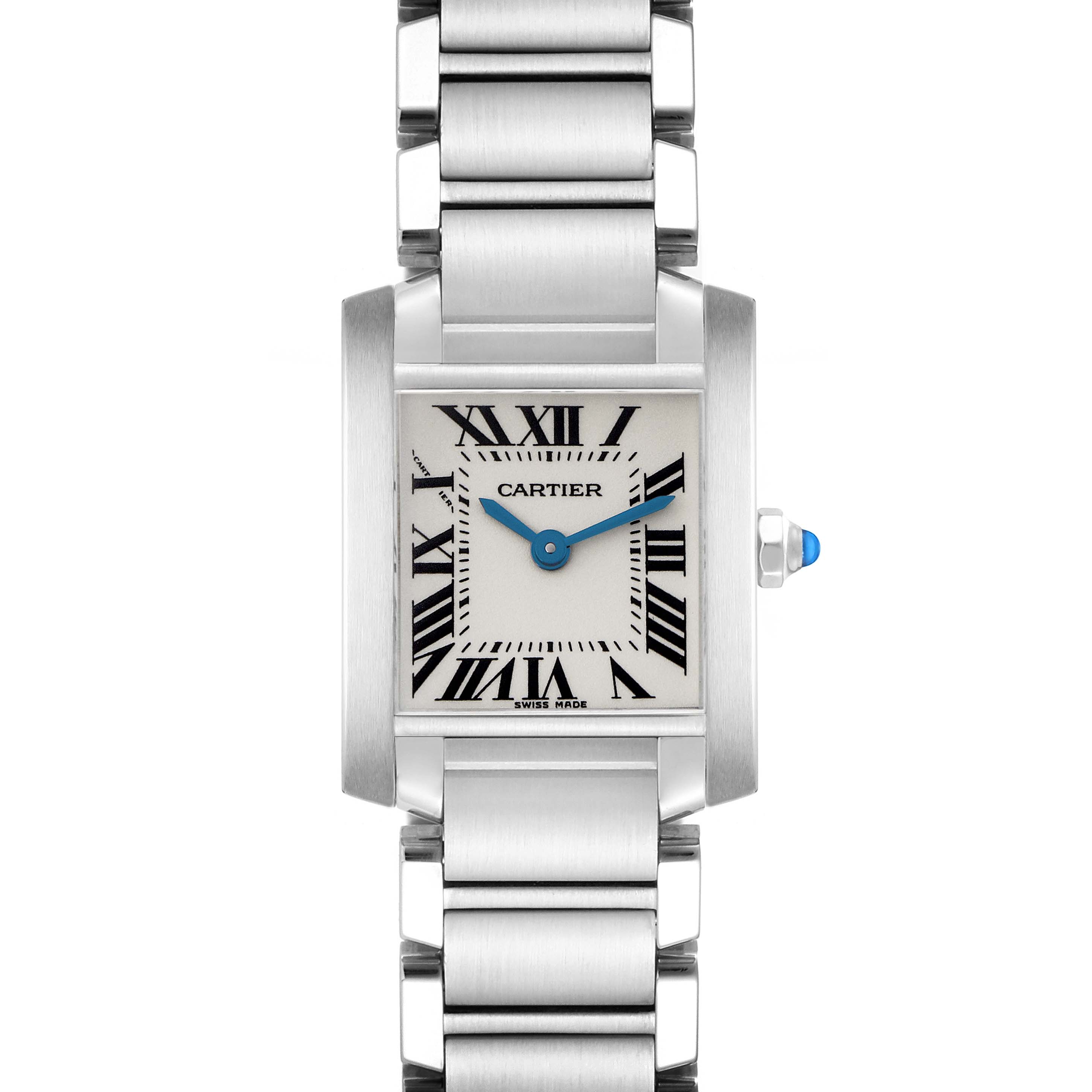 The Cartier Tank Francaise model W51008Q3 is shown from a front view, displaying the square dial, Roman numerals, blue hands, and a metal bracelet.