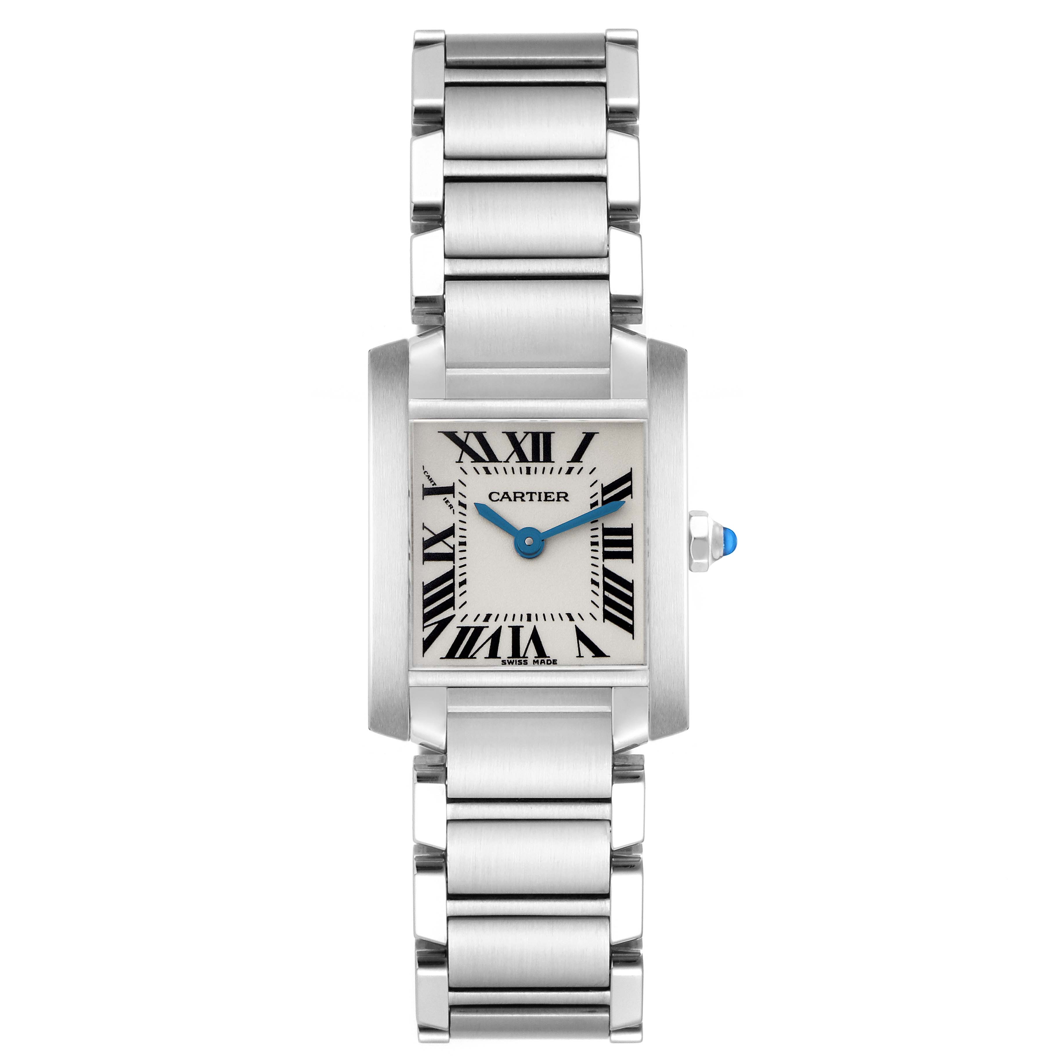 The image shows a frontal view of the Cartier Tank Française men's watch, model W51008Q3, displaying the bracelet, dial, and crown.