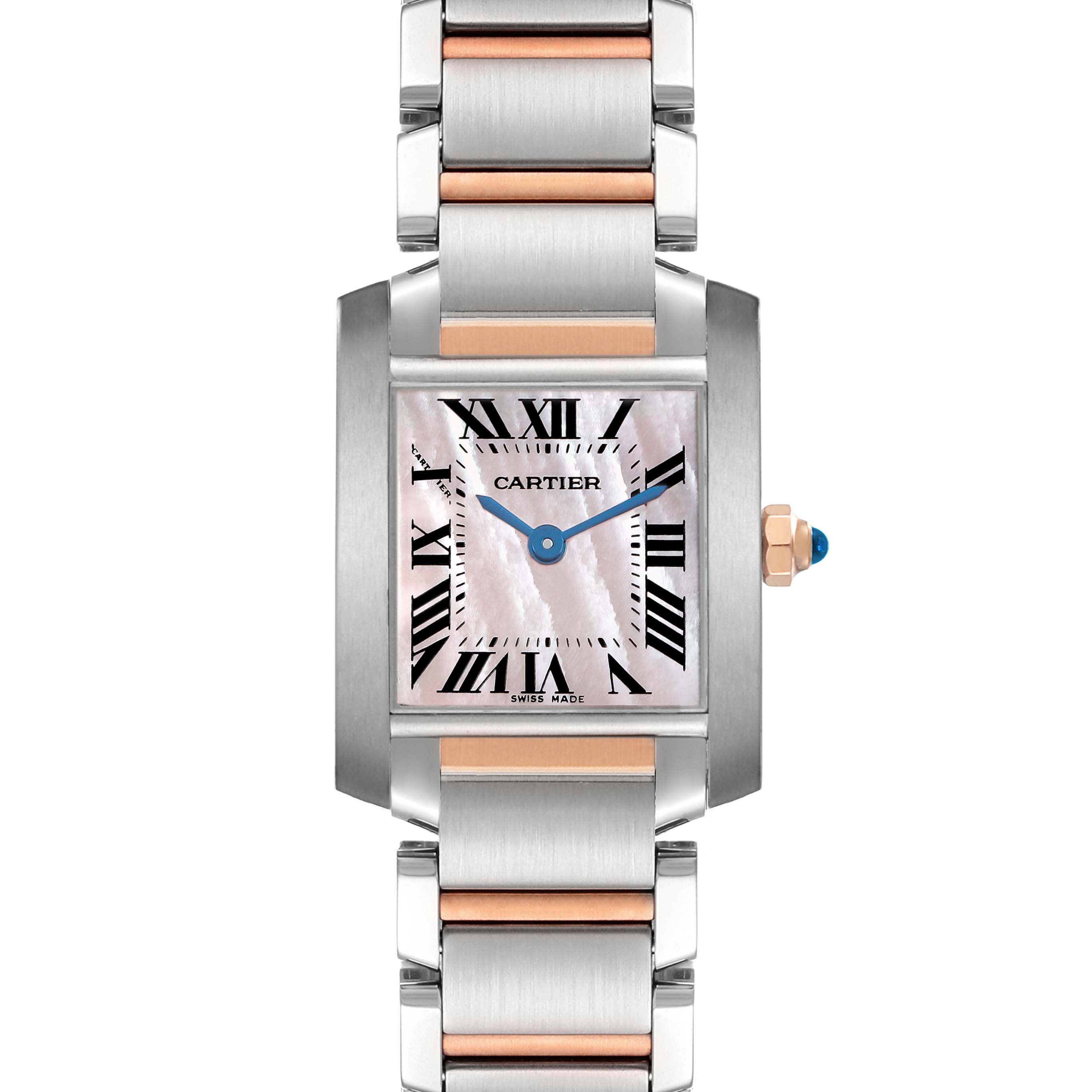 The Cartier Tank Francaise W51027Q4 Women's Steel and Gold (two tone) Mother of Pearl Dial watch is shown from a top-down angle, highlighting the face, bracelet, and blue hands.