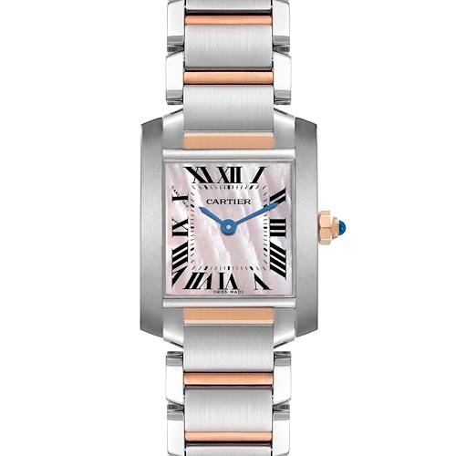 The Cartier Tank Francaise W51027Q4 Women's Steel and Gold (two tone) Mother of Pearl Dial watch is shown face-on, highlighting the dial, Roman numerals, bracelet, and crown with a blue gem.
