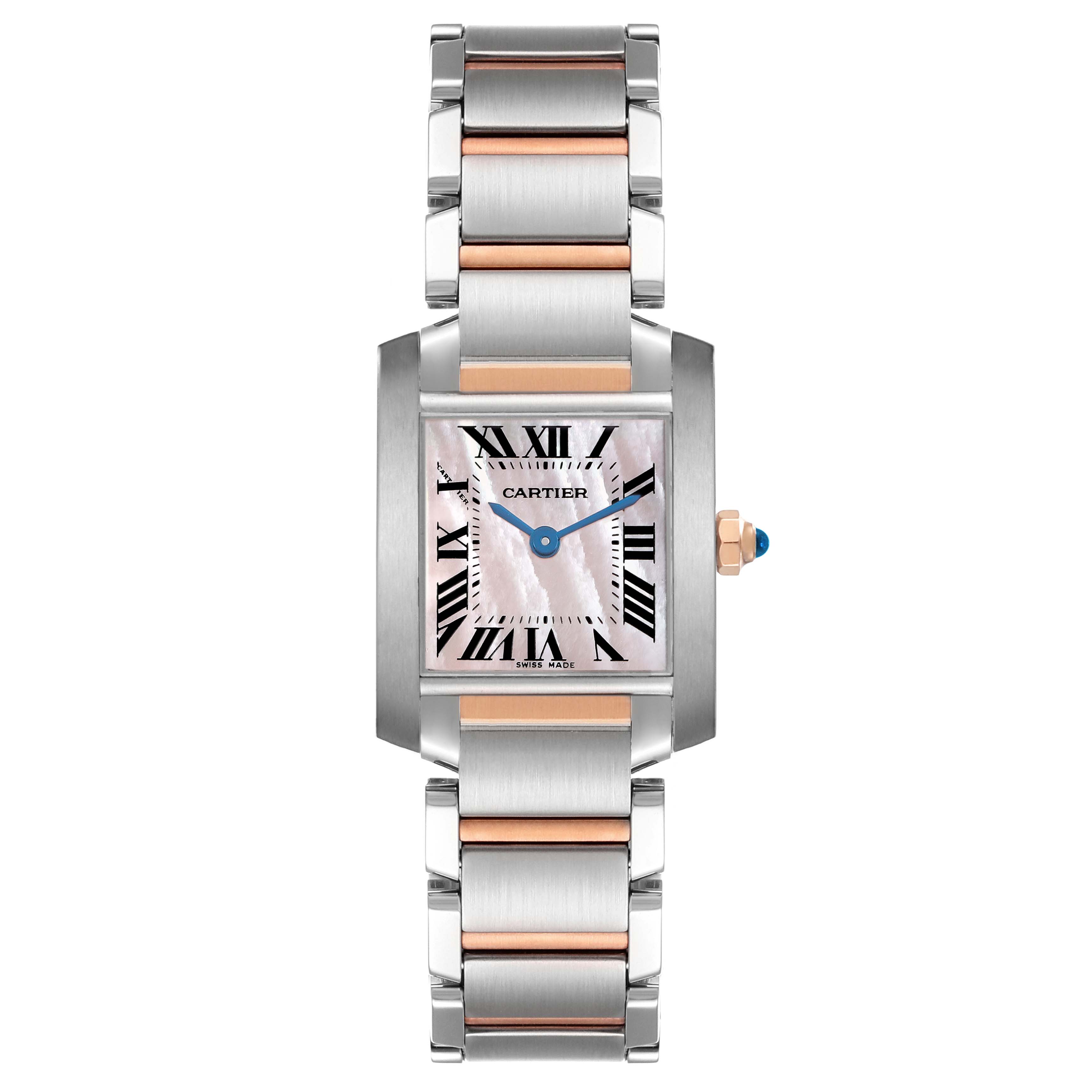 The Cartier Tank Francaise W51027Q4 Women's Steel and Gold (two tone) Mother of Pearl Dial watch is shown from a front view, highlighting its dial, bezel, and bracelet.