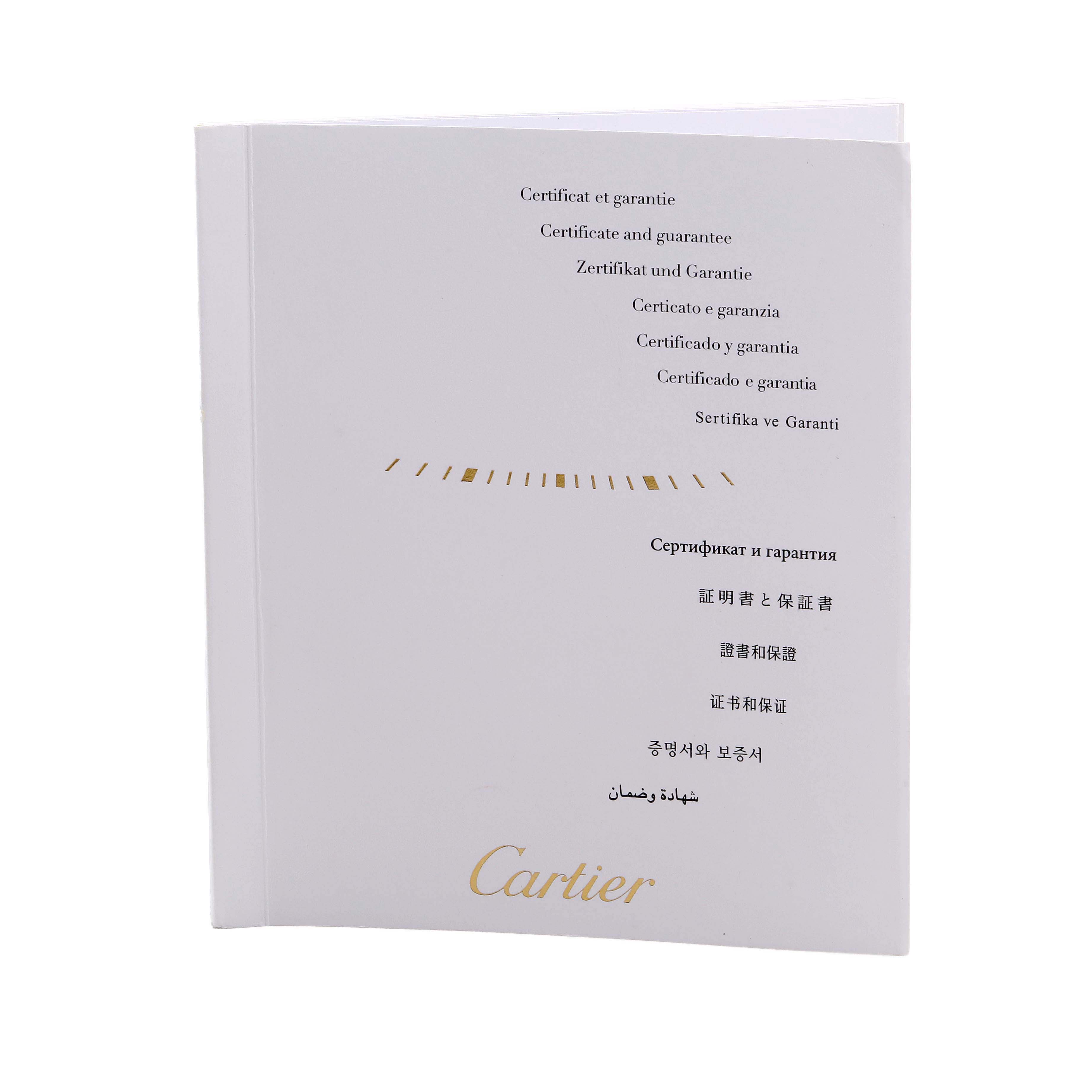 The image shows the certificate and guarantee booklet for the Cartier Tank Française watch, displaying multiple languages.