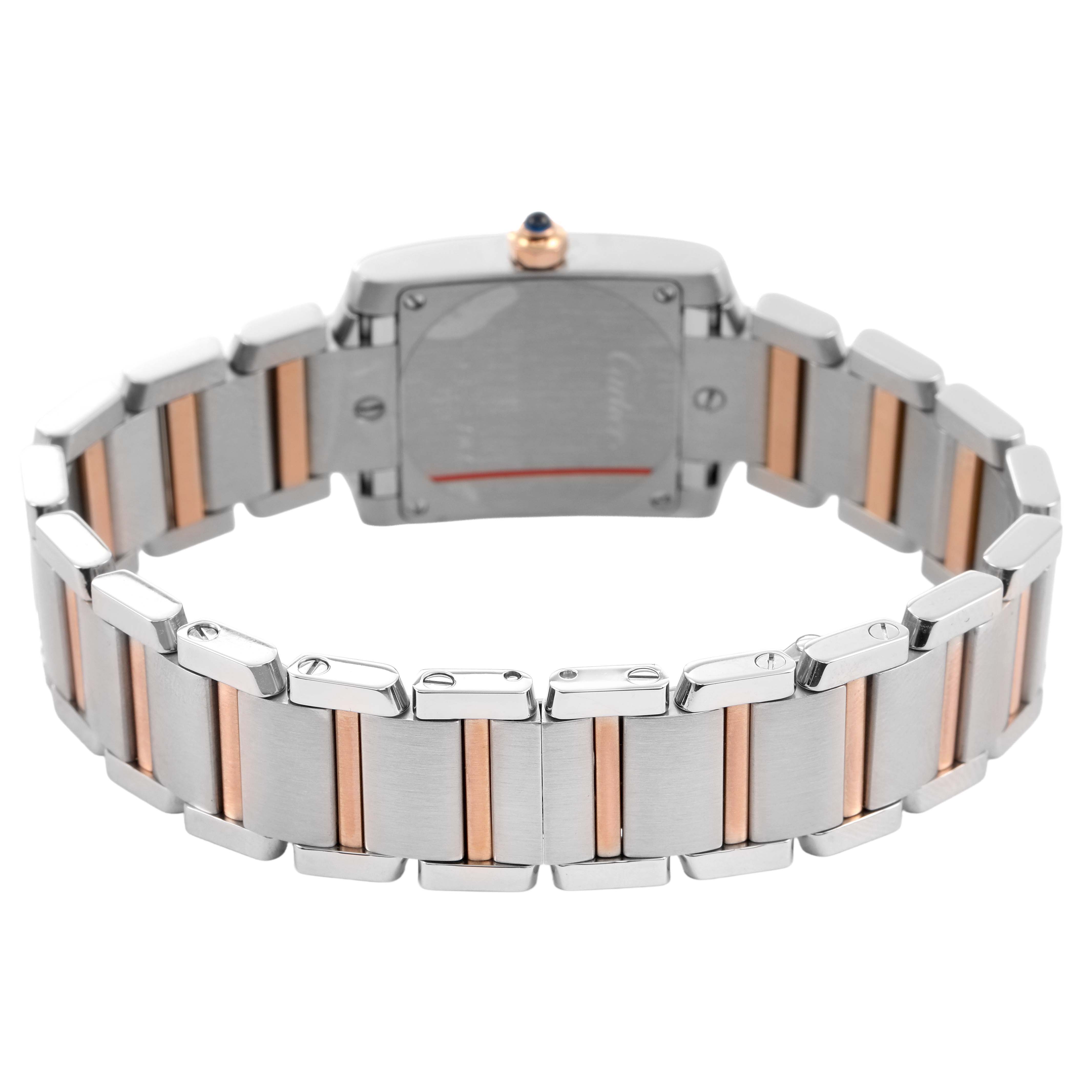 The image shows the back case and two-tone bracelet of the Cartier Tank Francaise W51027Q4 Women's Steel and Gold (two tone) Mother of Pearl Dial watch from a rear angle.