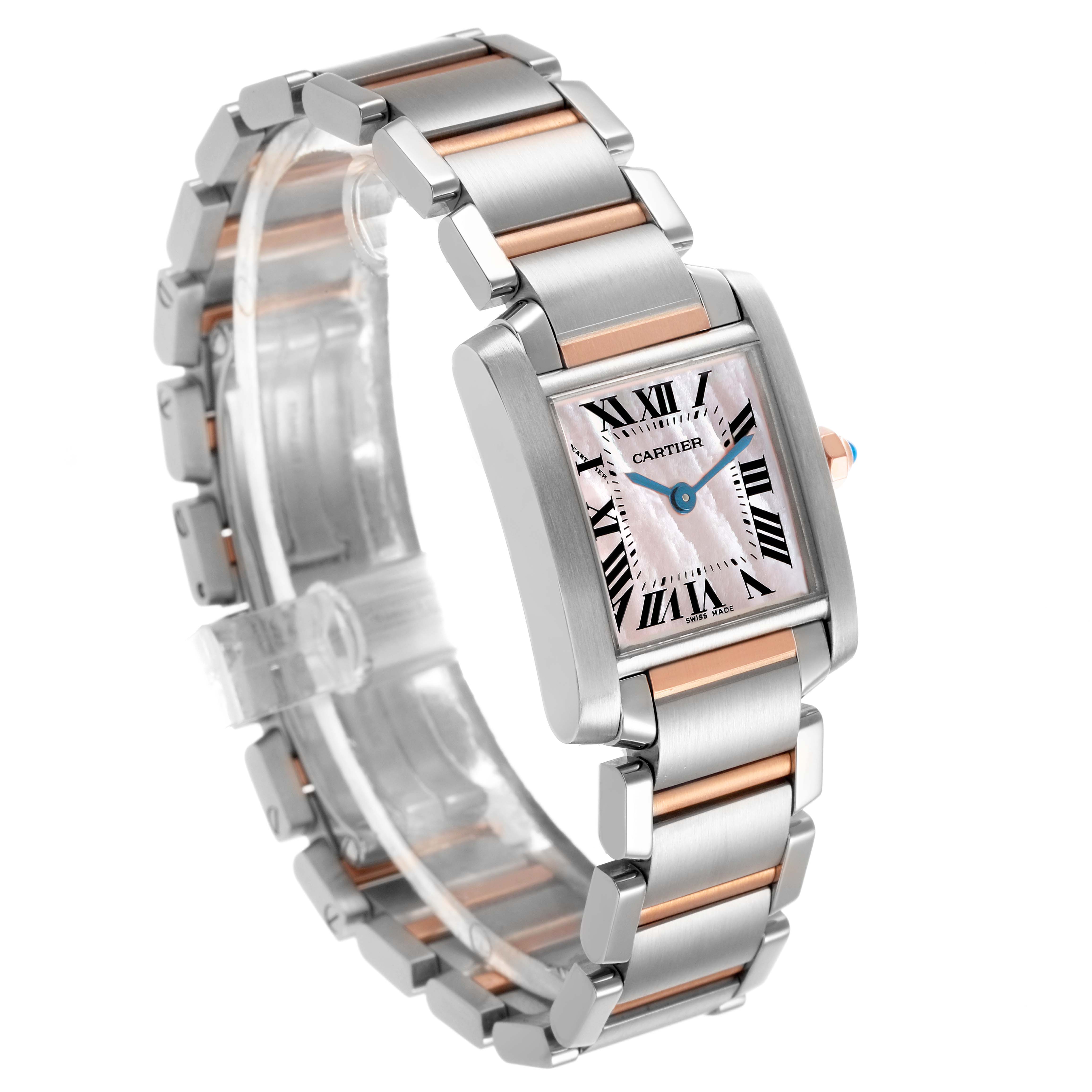 The image shows a Cartier Tank Francaise W51027Q4 Women's Steel and Gold (two tone) Mother of Pearl Dial watch at a three-quarter angle, highlighting its rectangular face, bracelet, and crown.